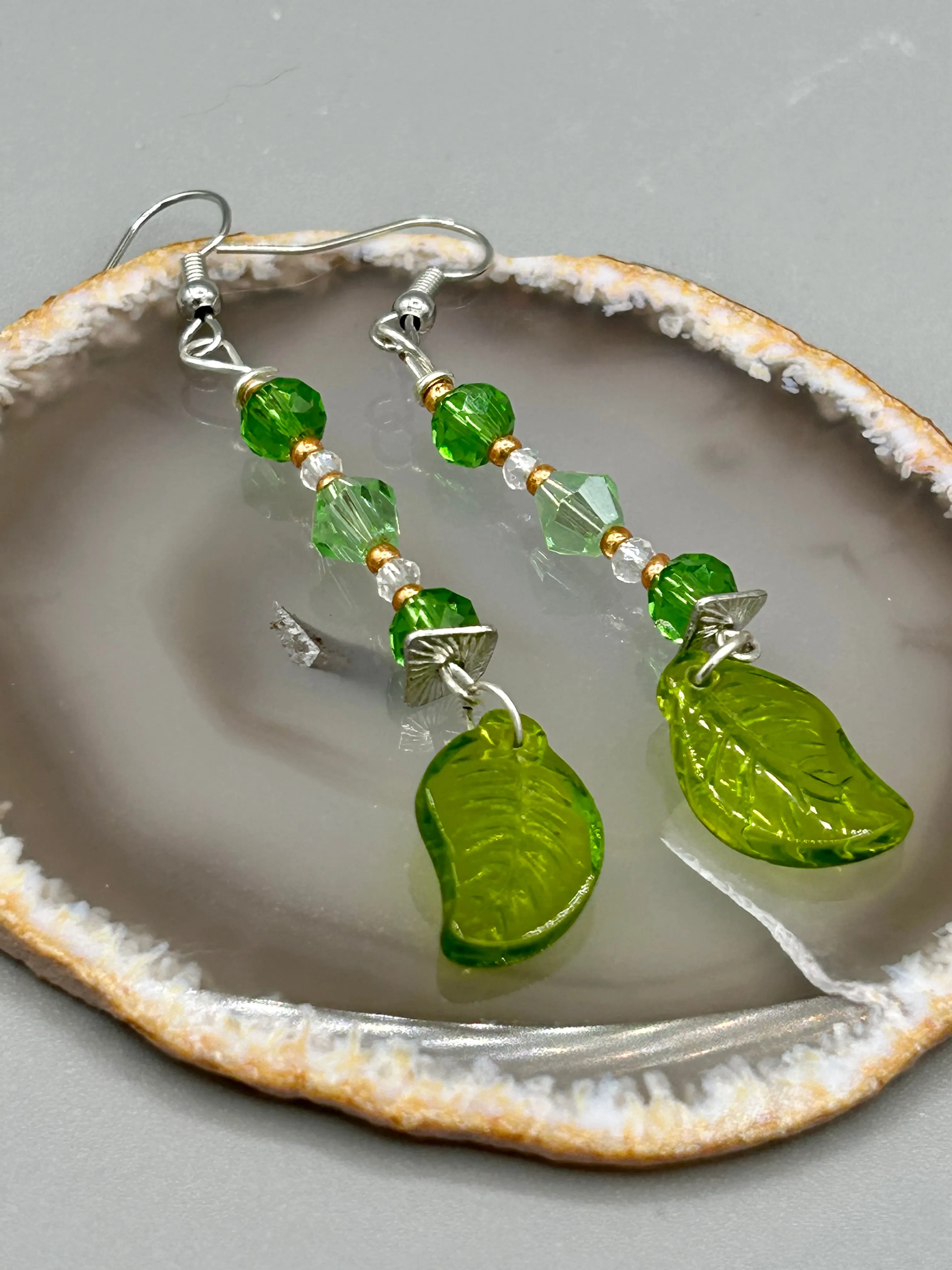 Light And Dark Green Glass Leaf Beaded Anklet And Earrings, Nature Inspired, Summer Jewelry