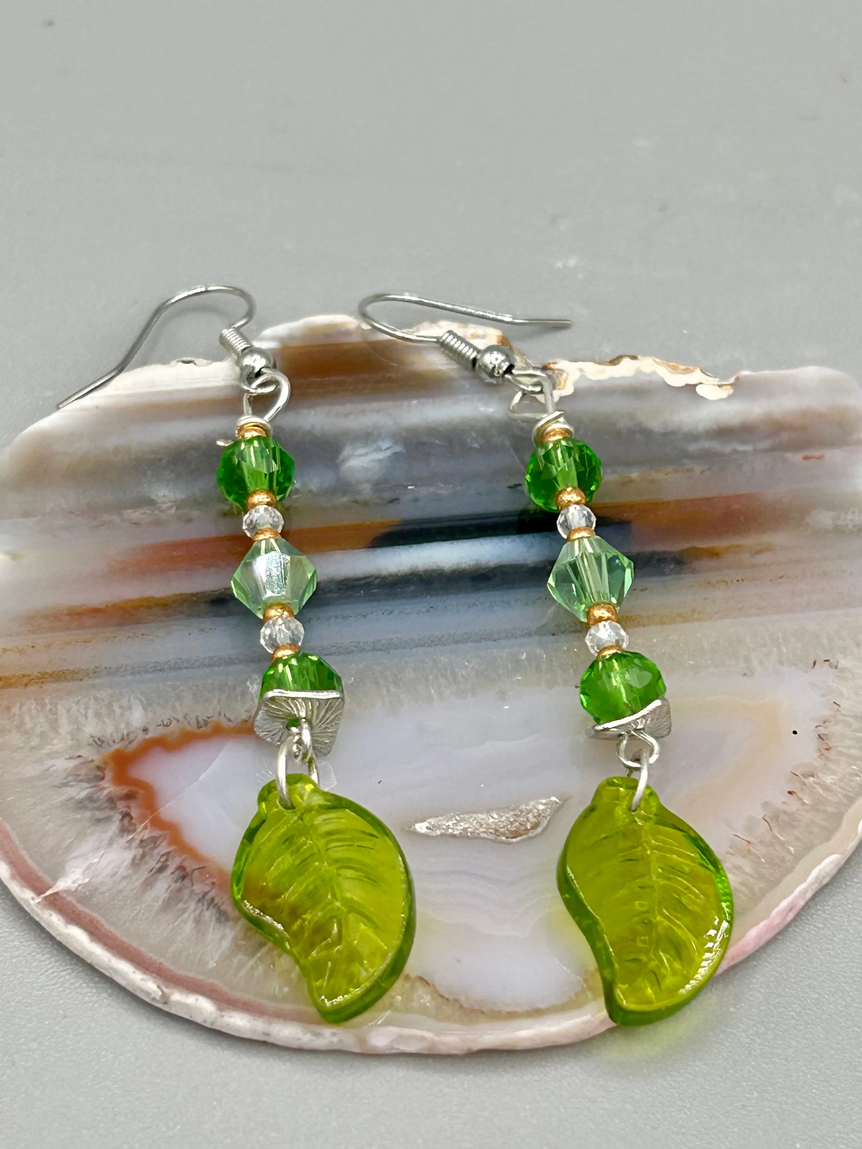 Light And Dark Green Glass Leaf Beaded Anklet And Earrings, Nature Inspired, Summer Jewelry