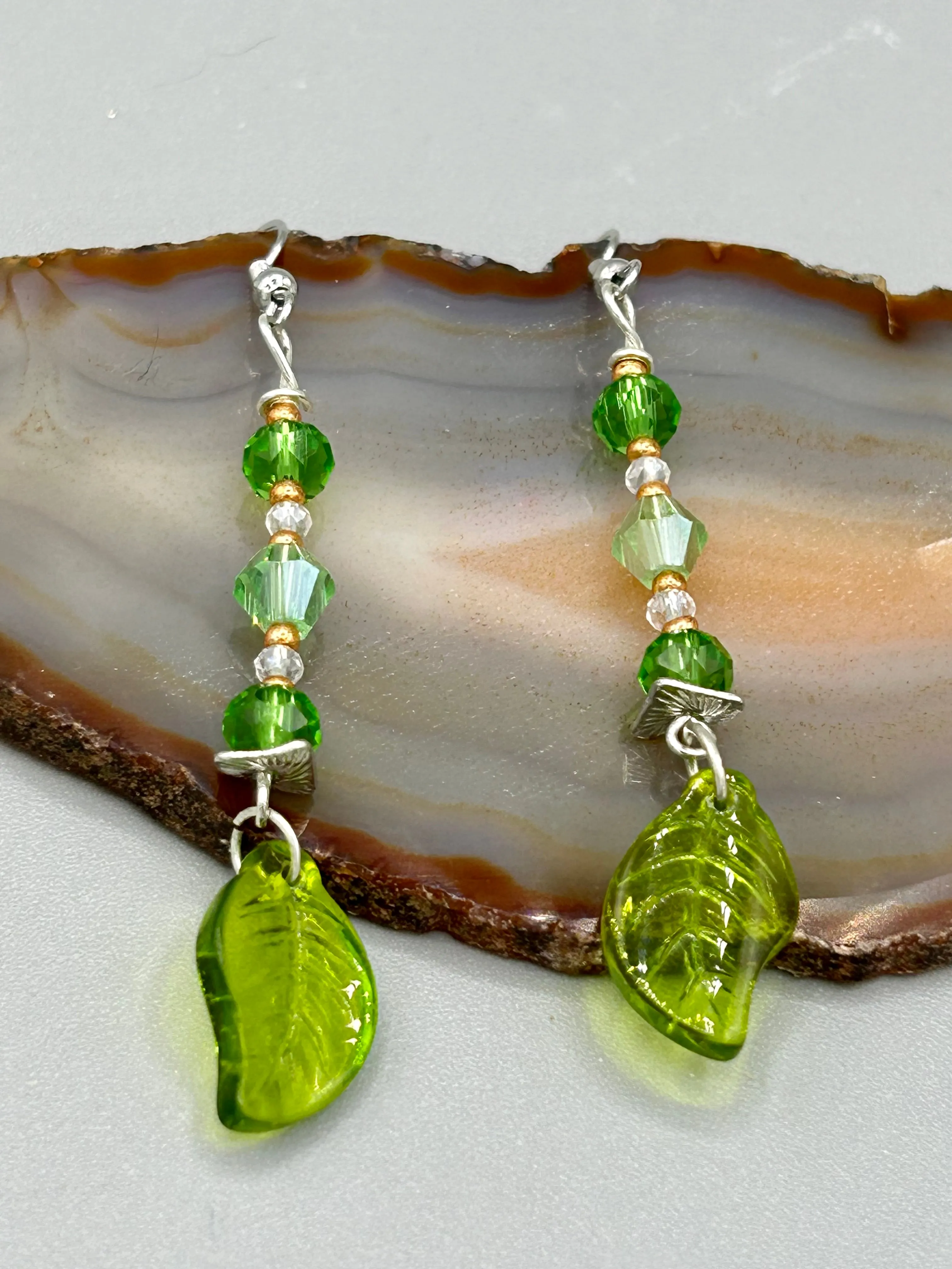 Light And Dark Green Glass Leaf Beaded Anklet And Earrings, Nature Inspired, Summer Jewelry