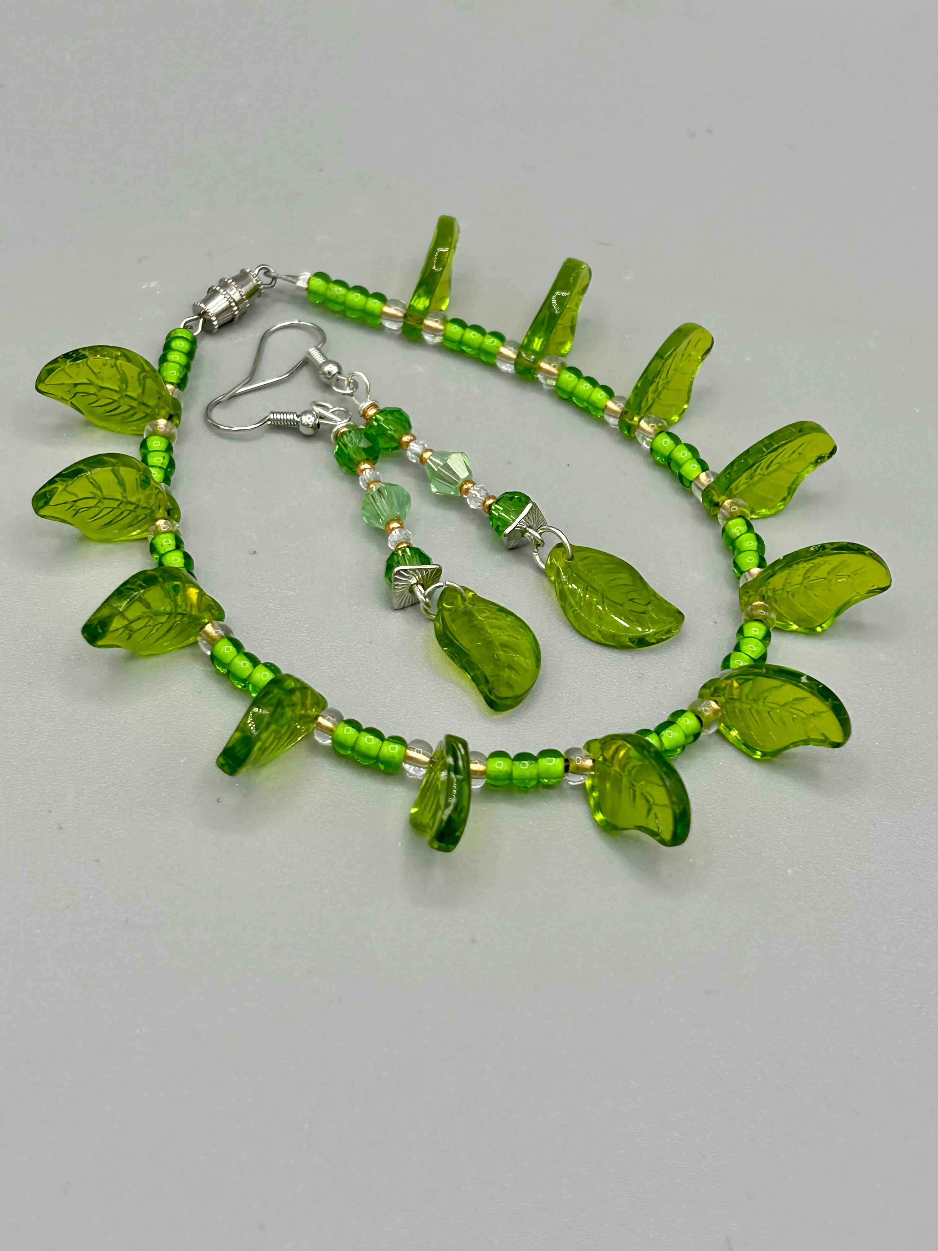Light And Dark Green Glass Leaf Beaded Anklet And Earrings, Nature Inspired, Summer Jewelry