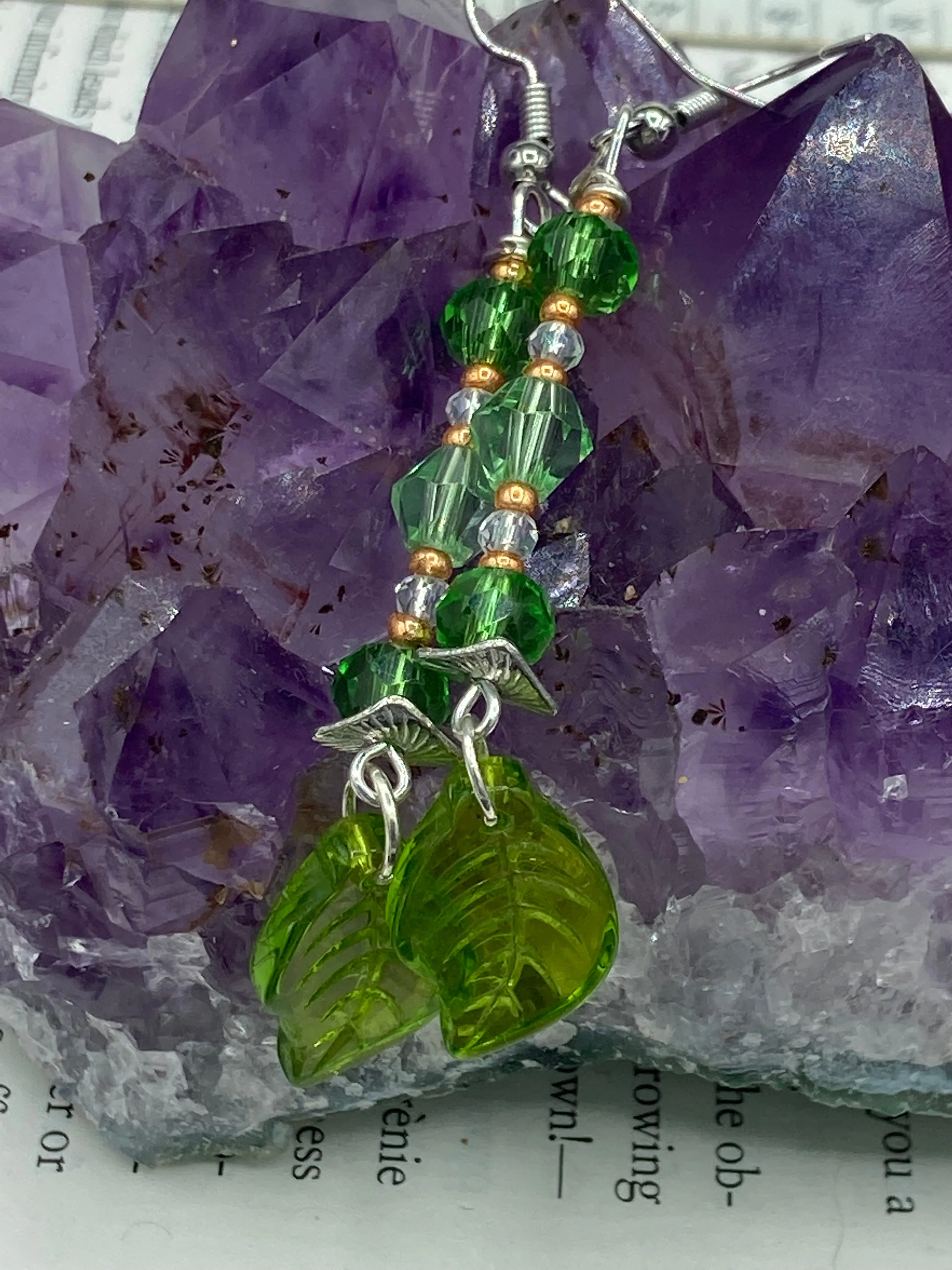 Light And Dark Green Glass Leaf Beaded Anklet And Earrings, Nature Inspired, Summer Jewelry