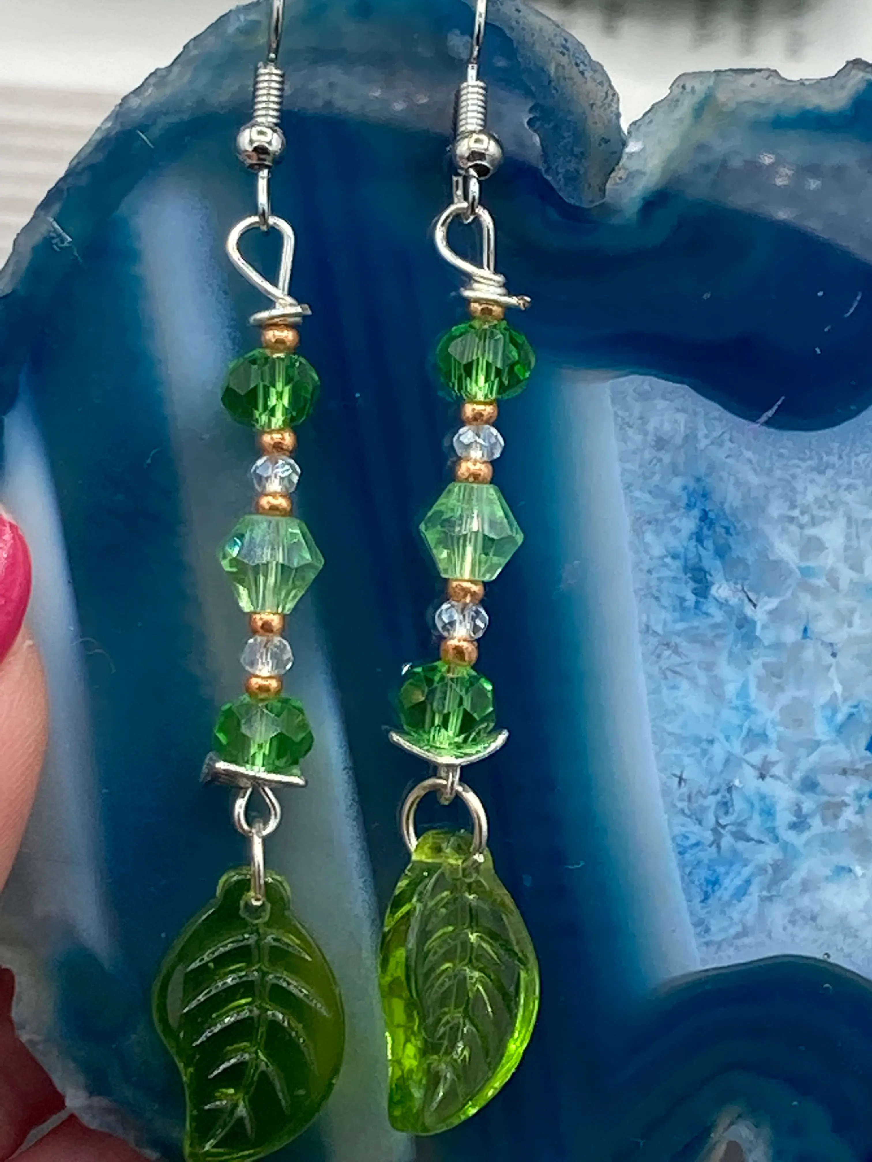 Light And Dark Green Glass Leaf Beaded Anklet And Earrings, Nature Inspired, Summer Jewelry
