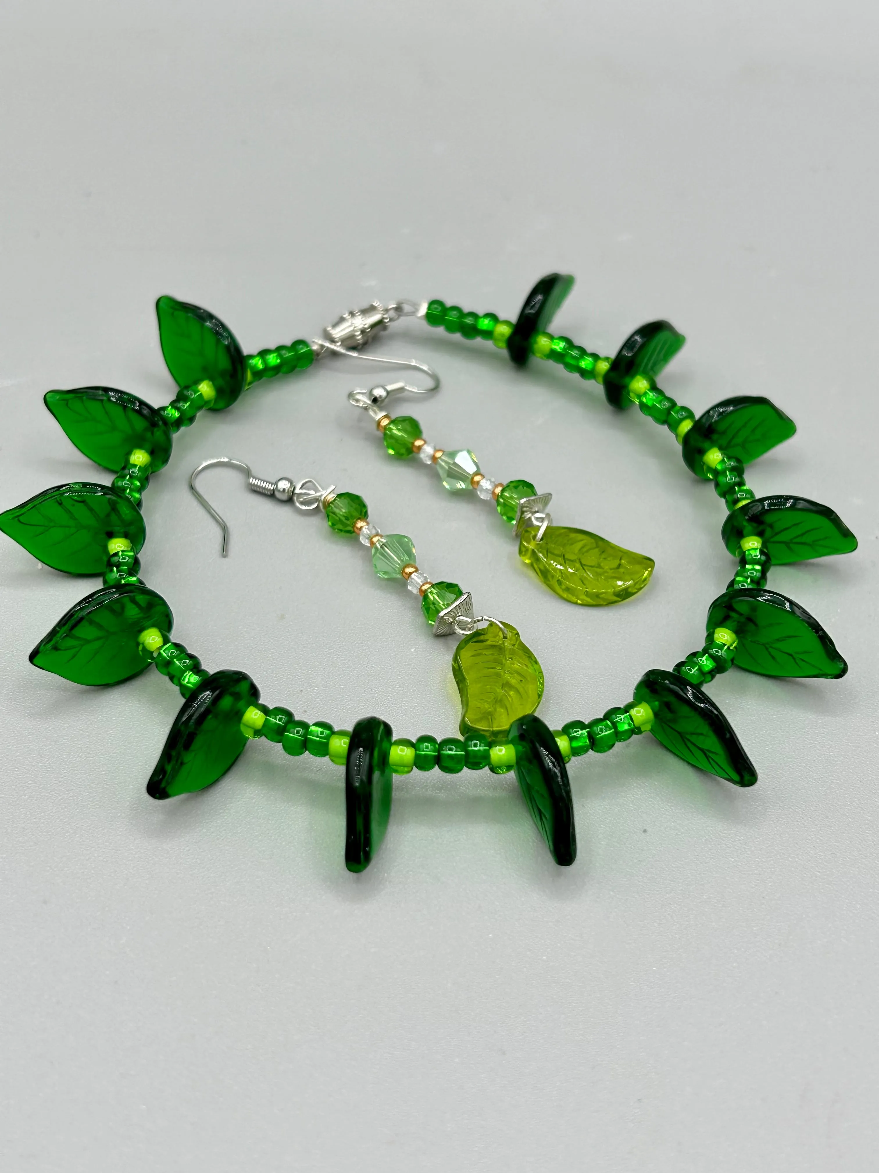 Light And Dark Green Glass Leaf Beaded Anklet And Earrings, Nature Inspired, Summer Jewelry