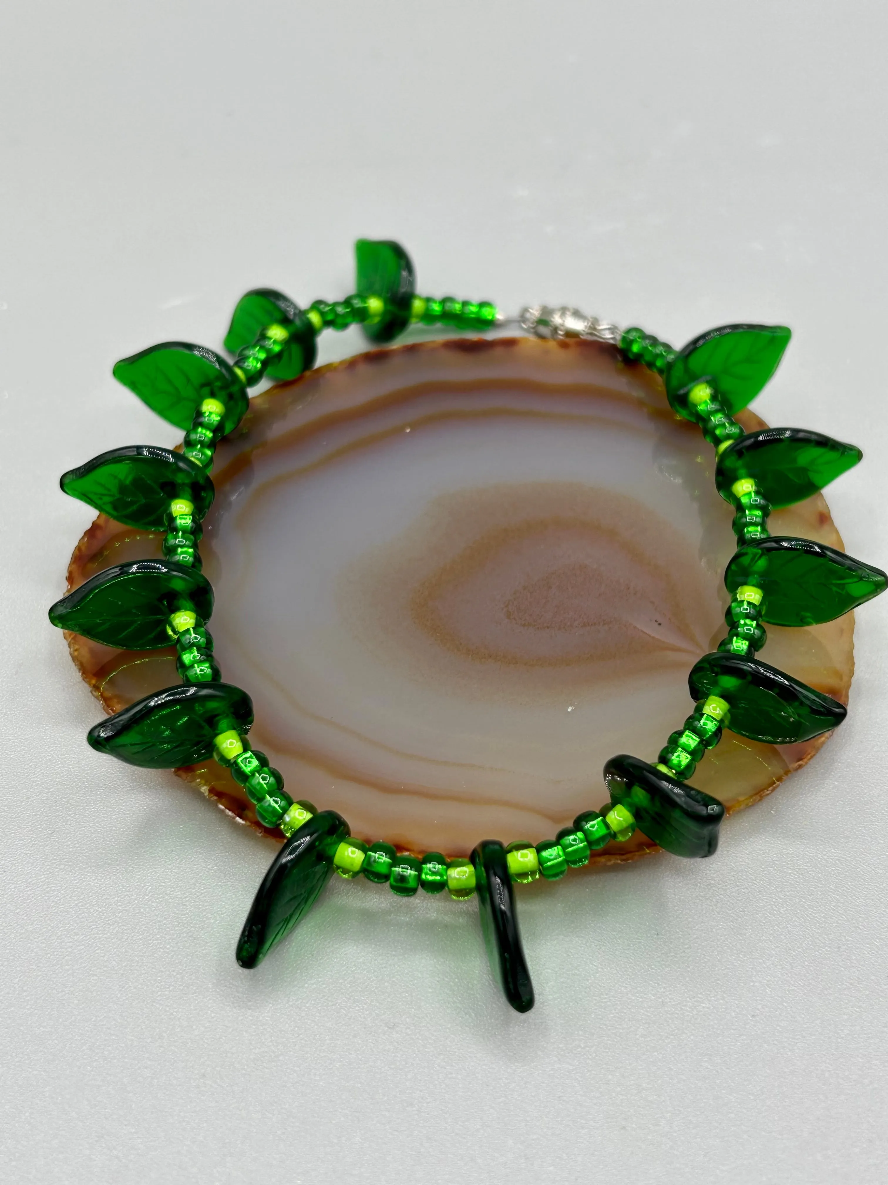 Light And Dark Green Glass Leaf Beaded Anklet And Earrings, Nature Inspired, Summer Jewelry