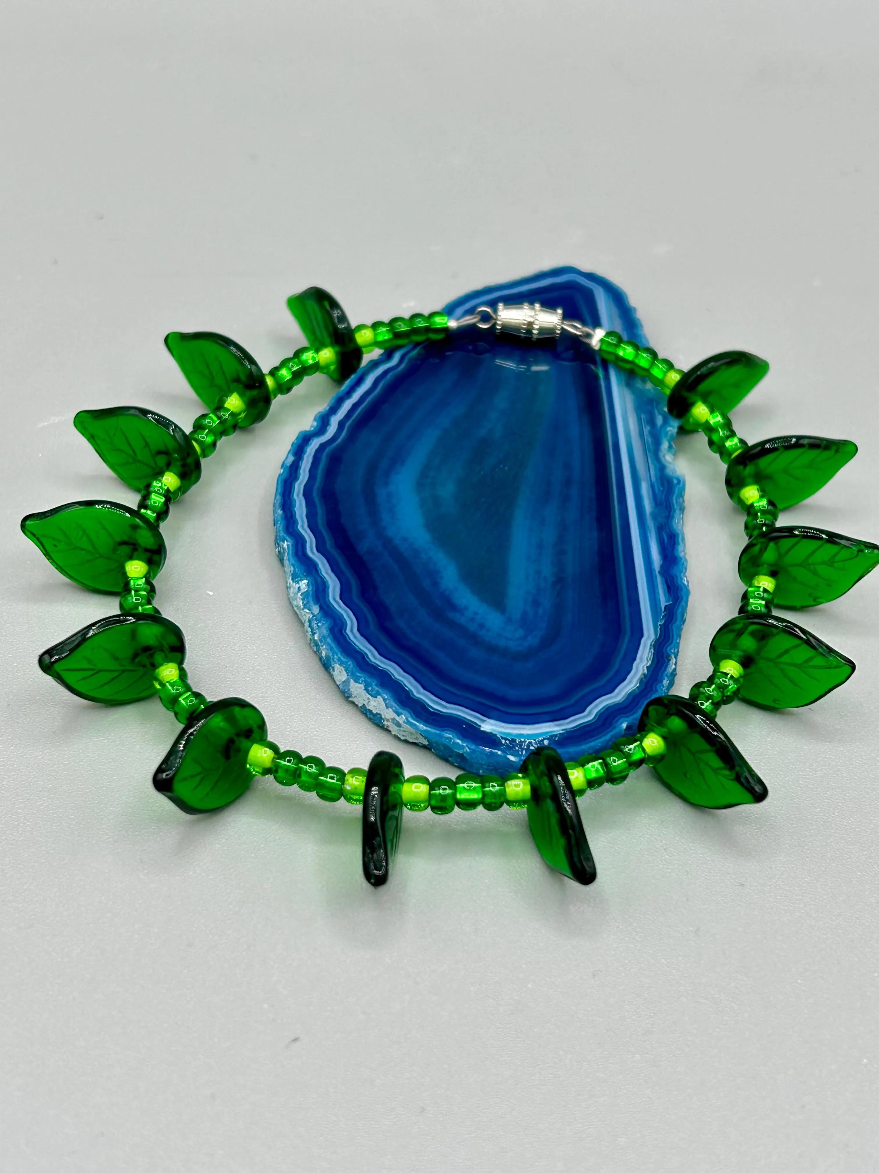 Light And Dark Green Glass Leaf Beaded Anklet And Earrings, Nature Inspired, Summer Jewelry