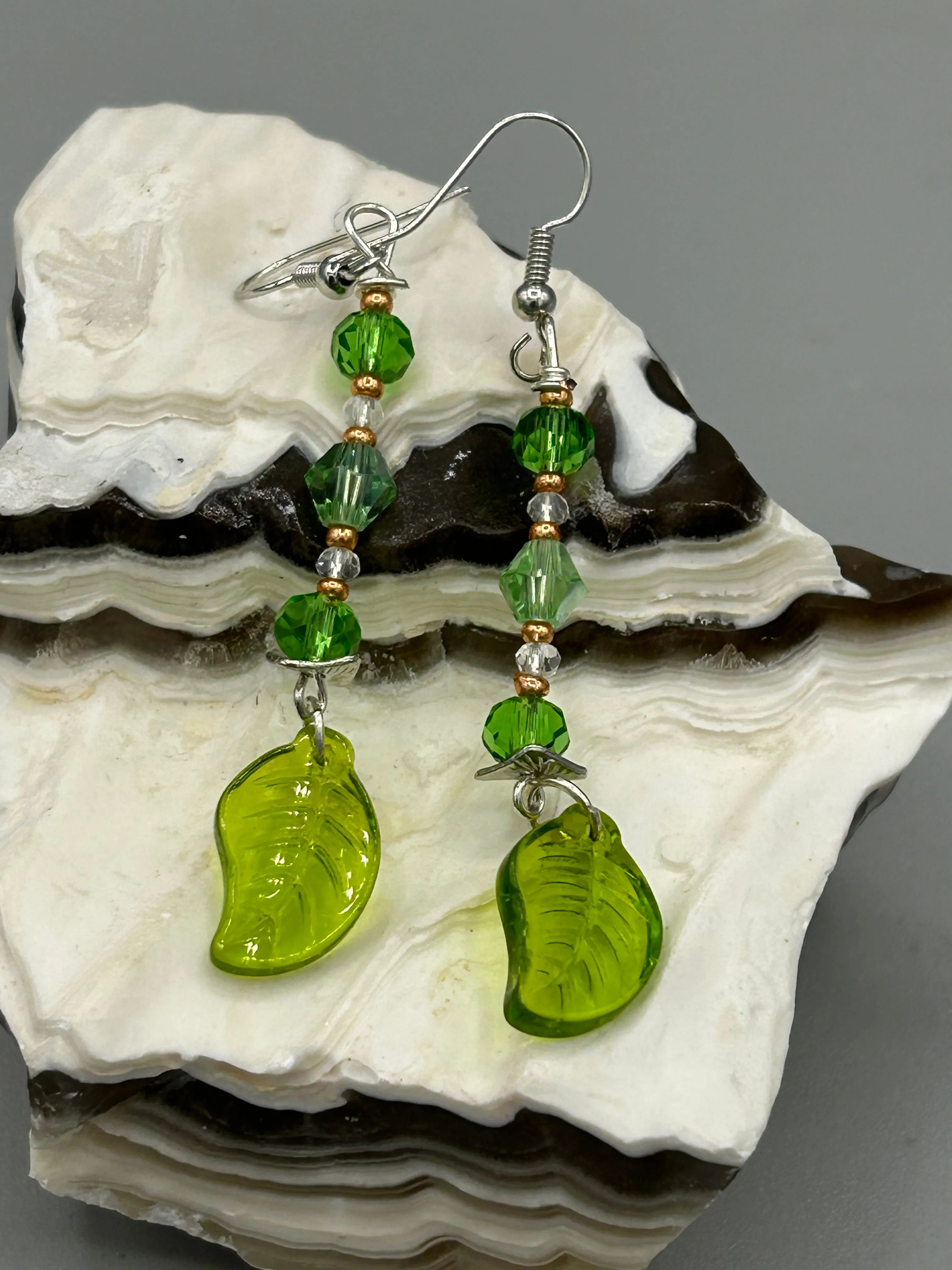 Light And Dark Green Glass Leaf Beaded Anklet And Earrings, Nature Inspired, Summer Jewelry