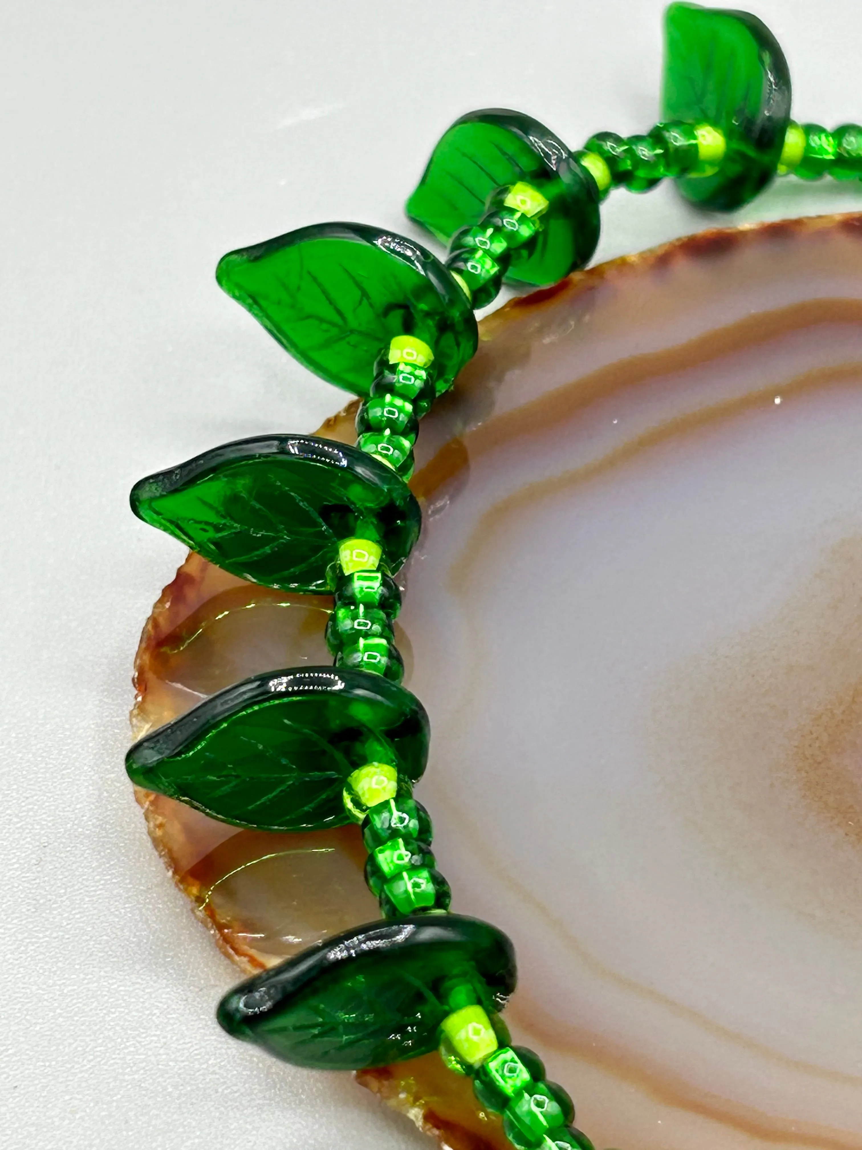 Light And Dark Green Glass Leaf Beaded Anklet And Earrings, Nature Inspired, Summer Jewelry