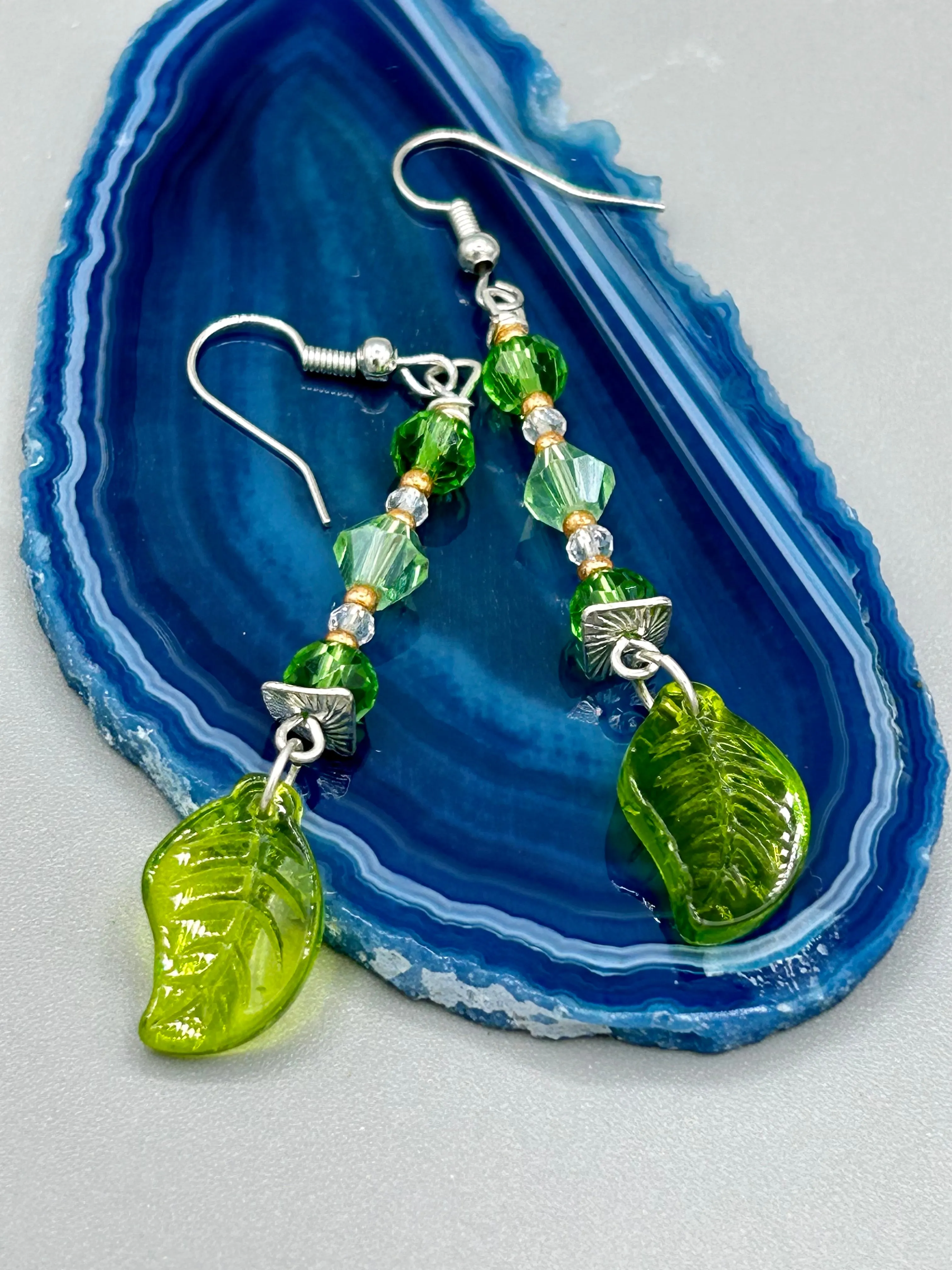 Light And Dark Green Glass Leaf Beaded Anklet And Earrings, Nature Inspired, Summer Jewelry