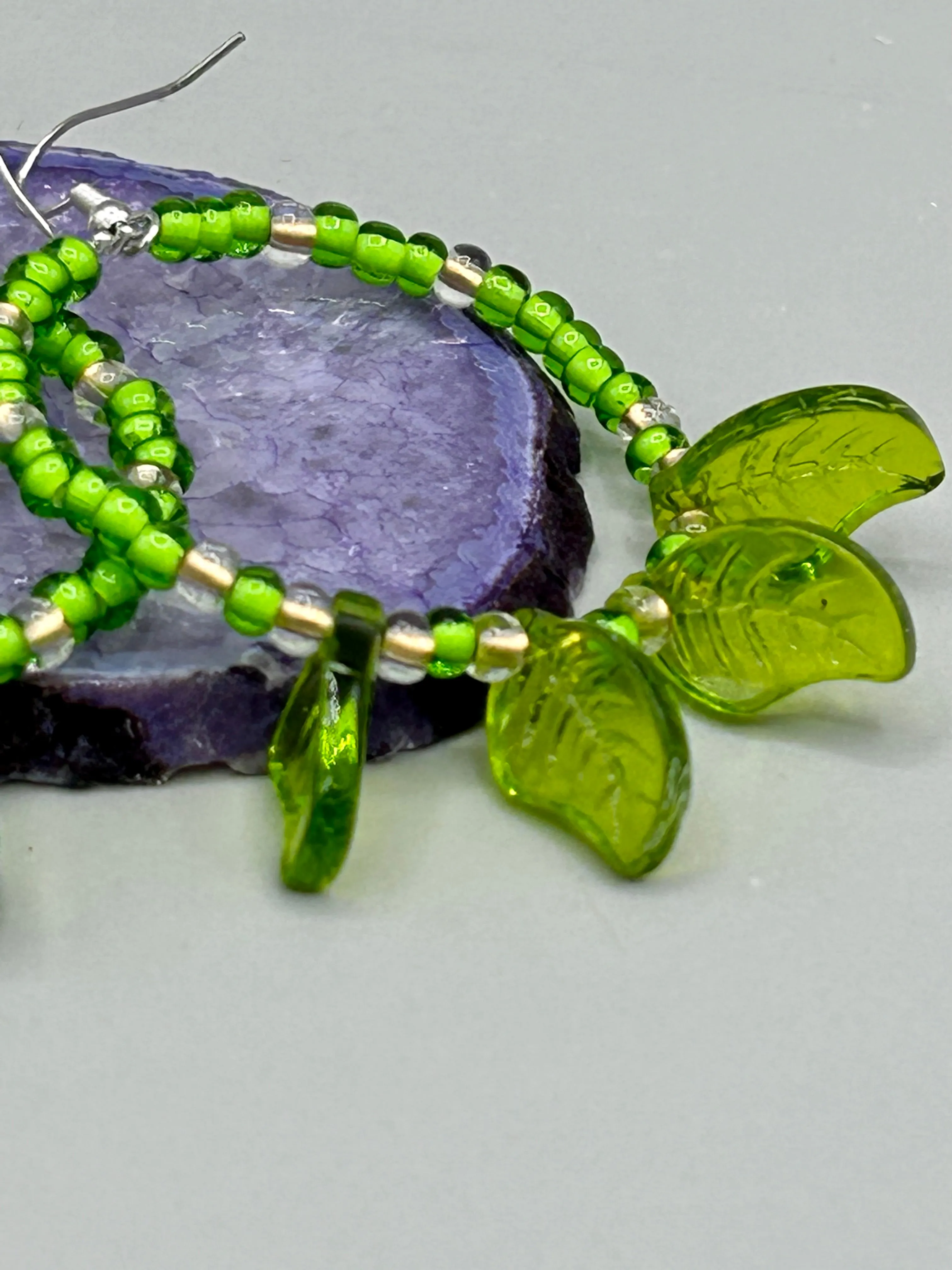 Light Green Glass Leaf Beaded Earrings, Nature Inspired, Summer Jewelry, Hippie Vibes