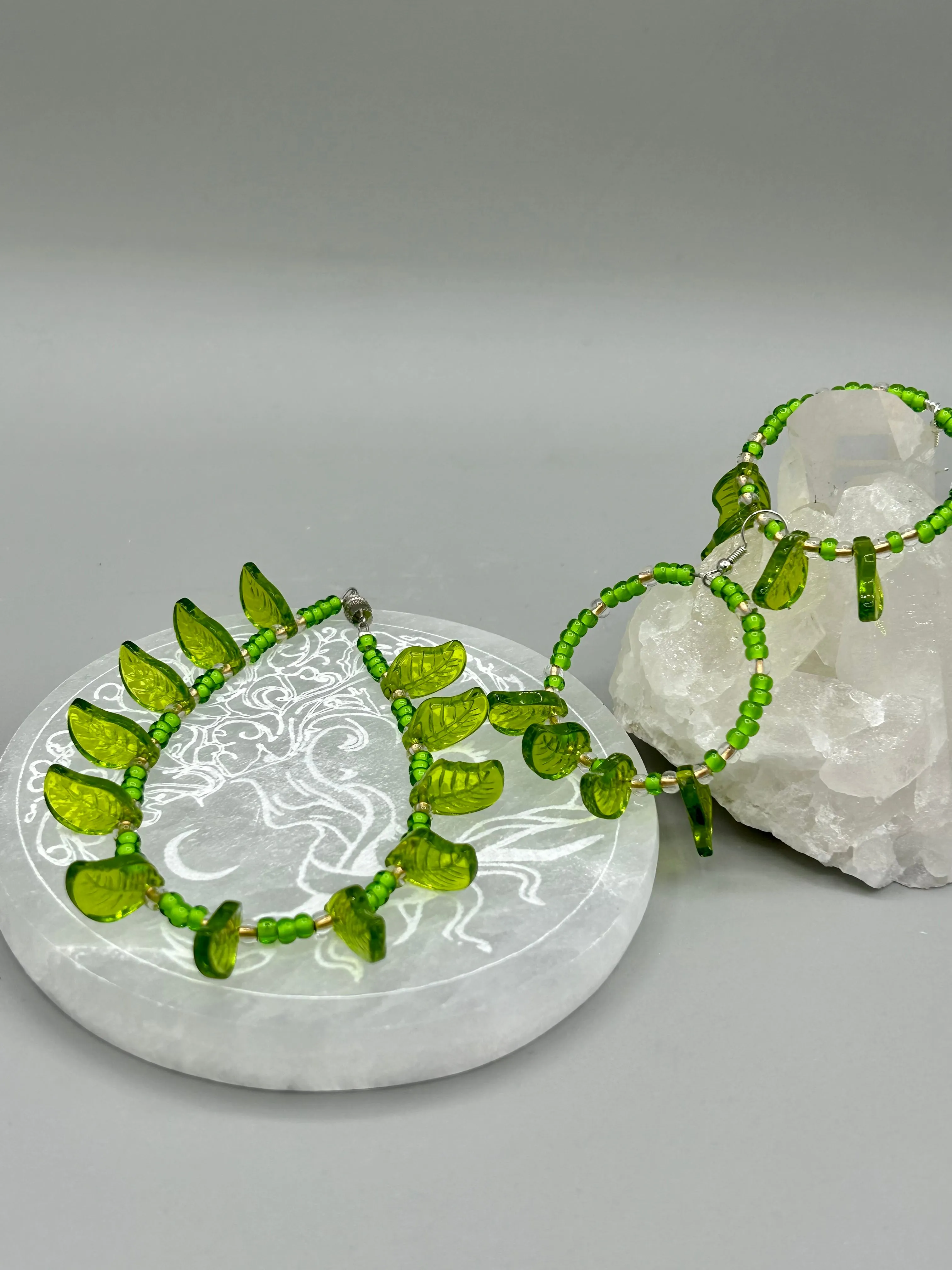 Light Green Glass Leaf Beaded Earrings, Nature Inspired, Summer Jewelry, Hippie Vibes