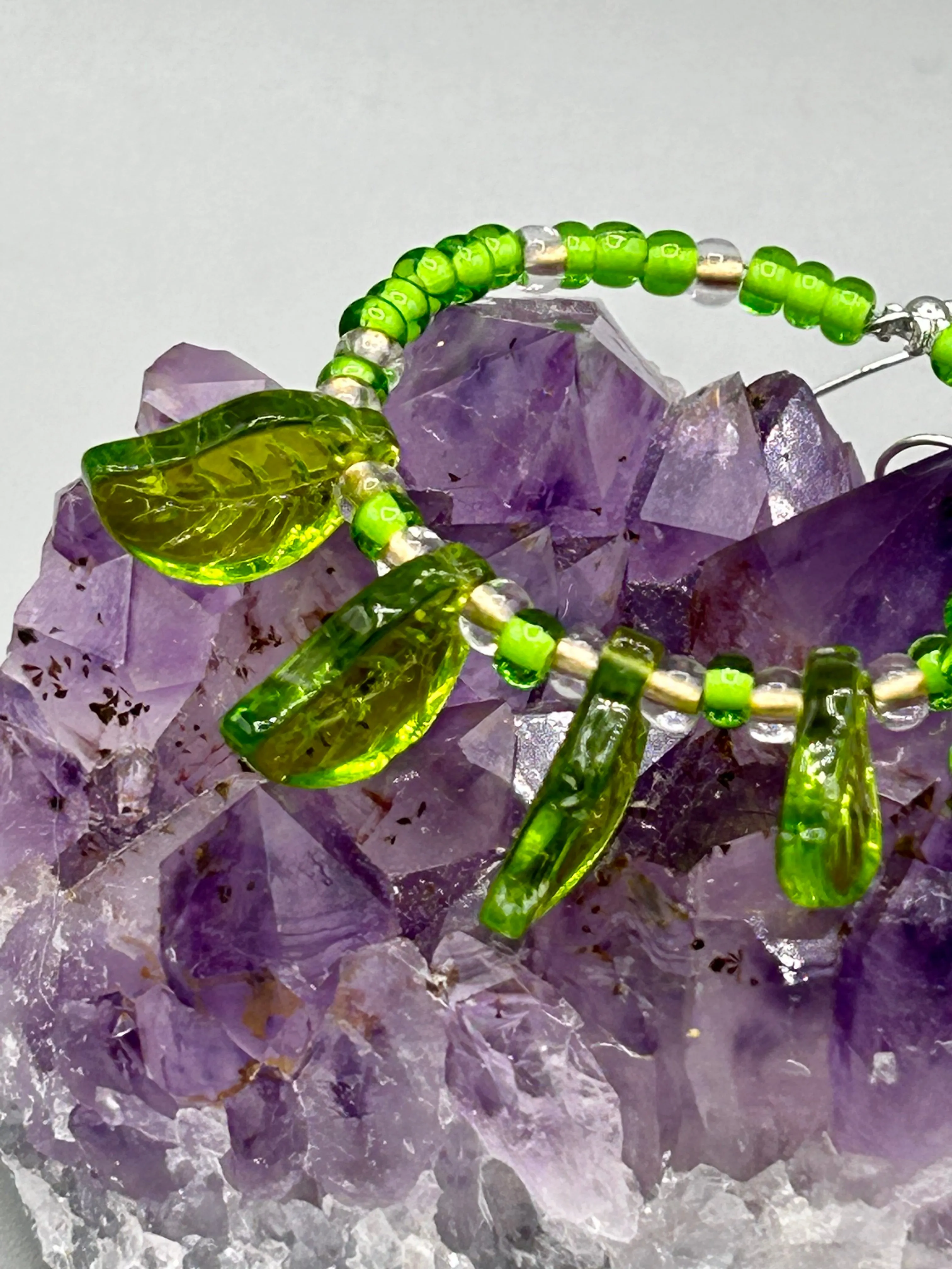 Light Green Glass Leaf Beaded Earrings, Nature Inspired, Summer Jewelry, Hippie Vibes