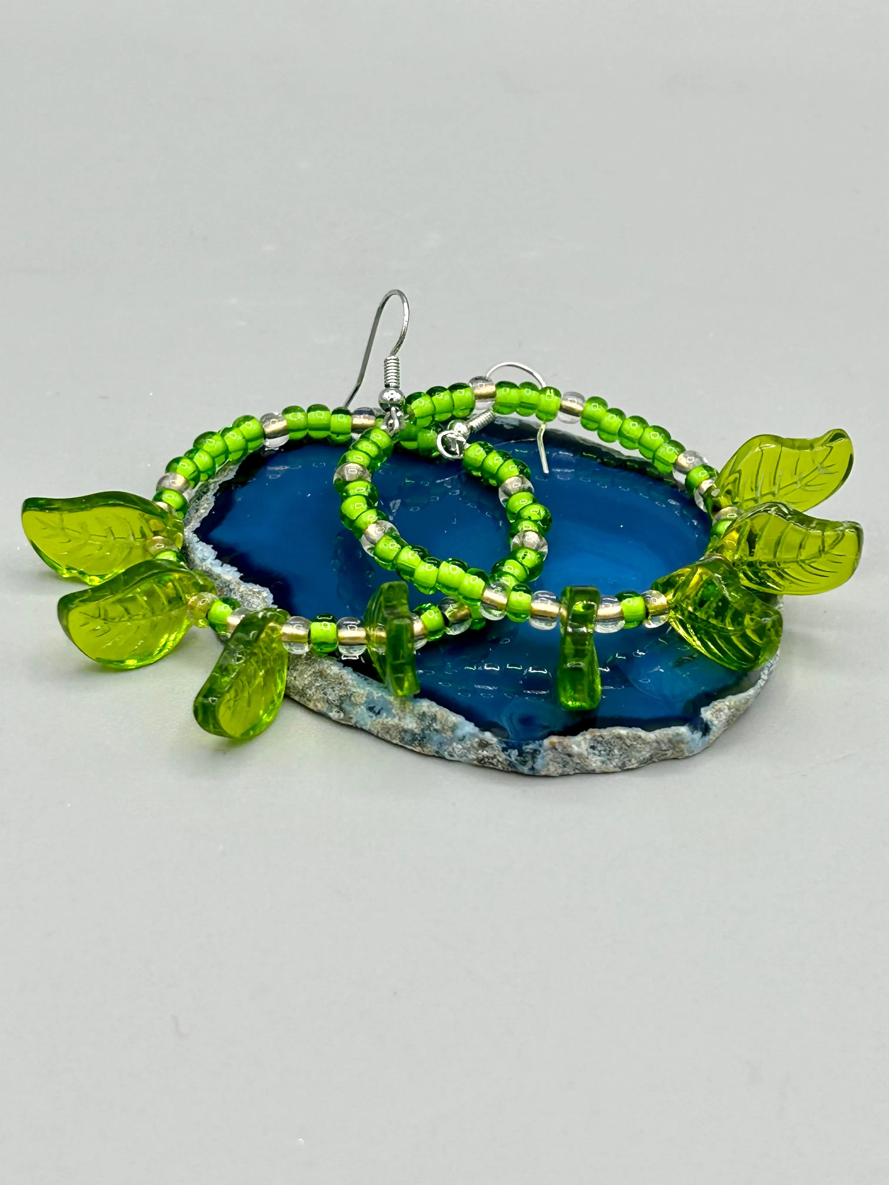 Light Green Glass Leaf Beaded Earrings, Nature Inspired, Summer Jewelry, Hippie Vibes