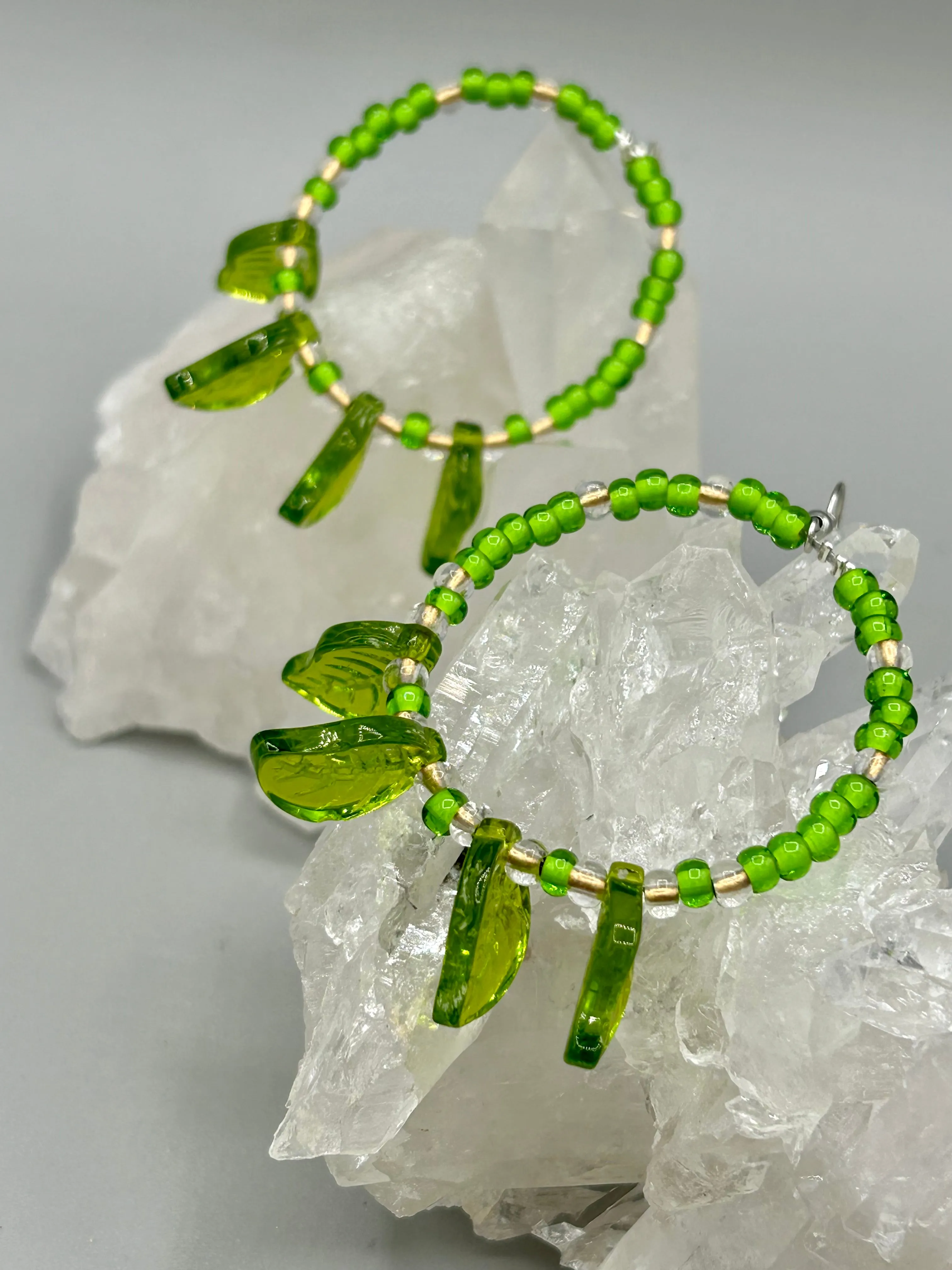 Light Green Glass Leaf Beaded Earrings, Nature Inspired, Summer Jewelry, Hippie Vibes
