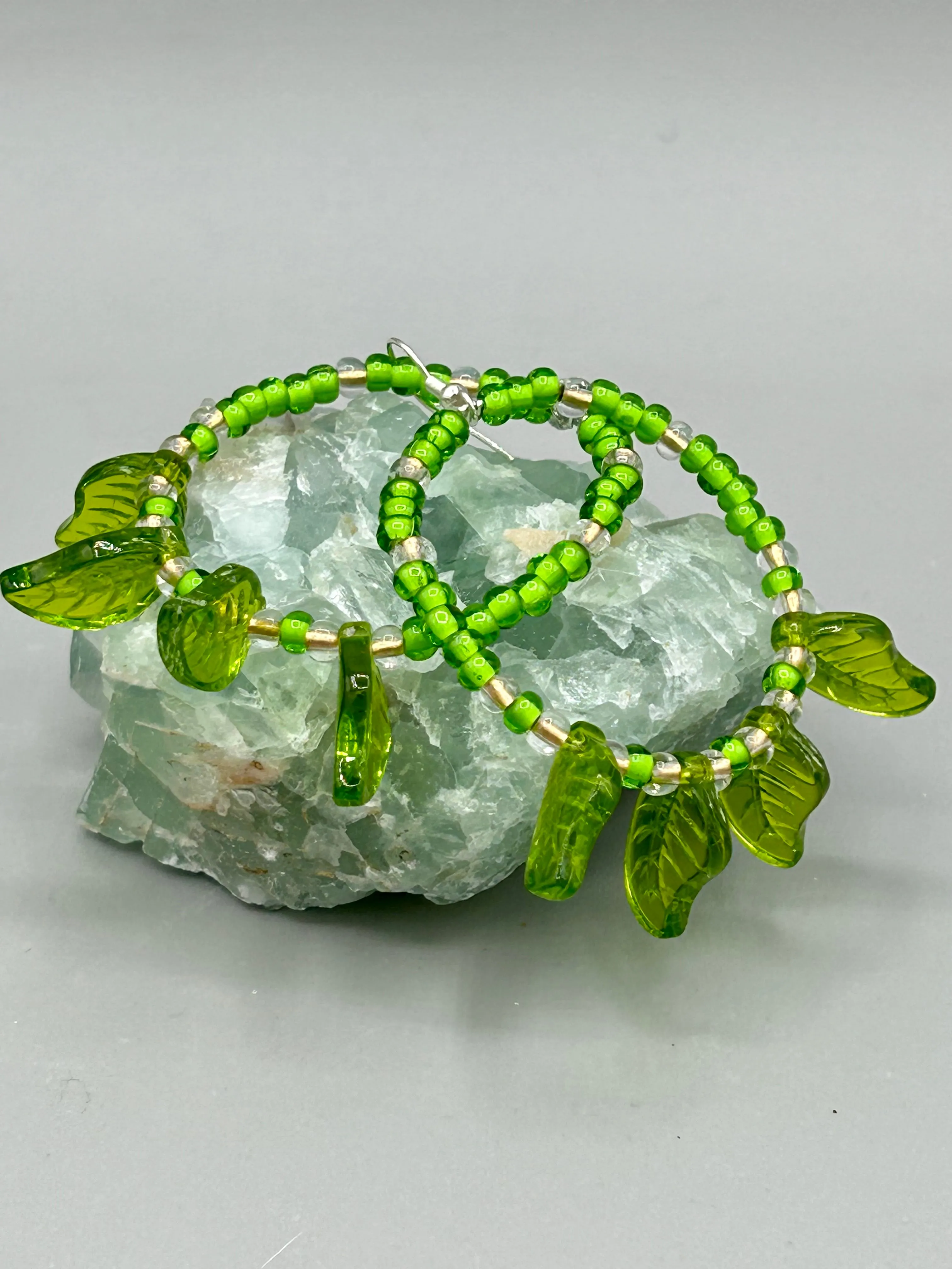 Light Green Glass Leaf Beaded Earrings, Nature Inspired, Summer Jewelry, Hippie Vibes