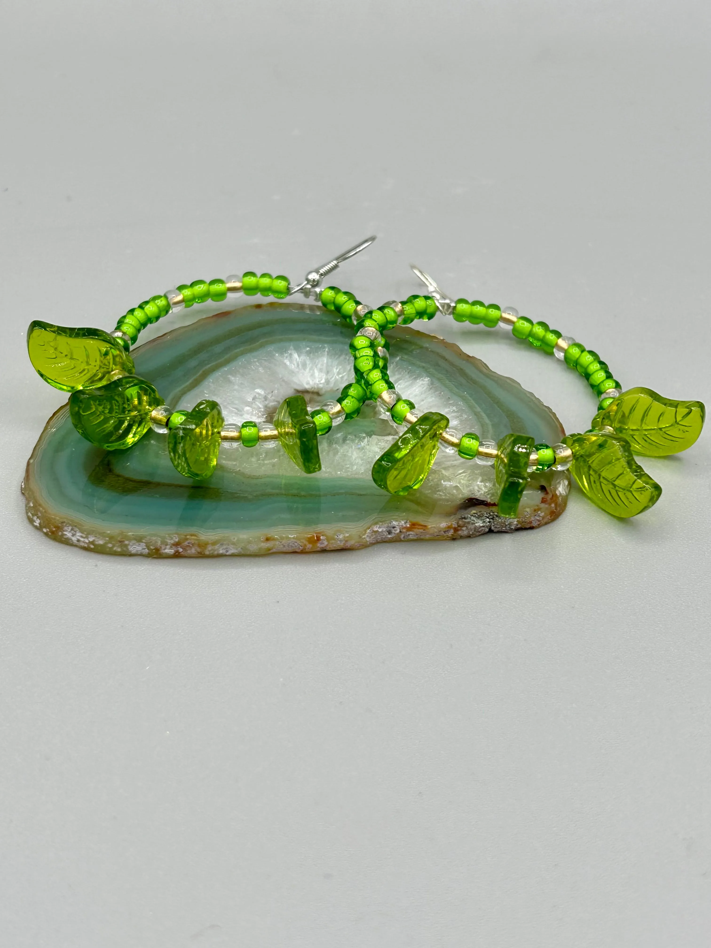 Light Green Glass Leaf Beaded Earrings, Nature Inspired, Summer Jewelry, Hippie Vibes