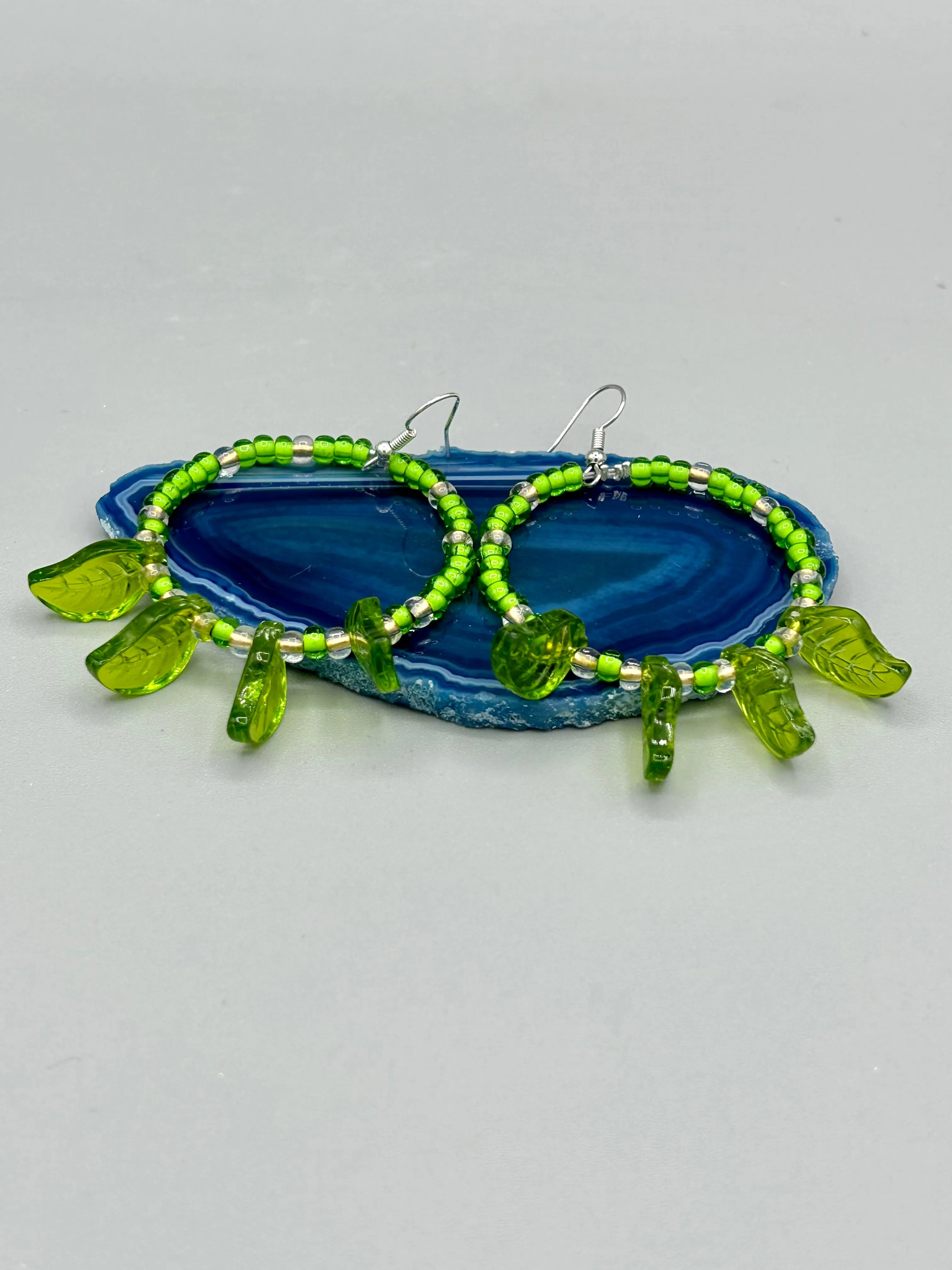 Light Green Glass Leaf Beaded Earrings, Nature Inspired, Summer Jewelry, Hippie Vibes