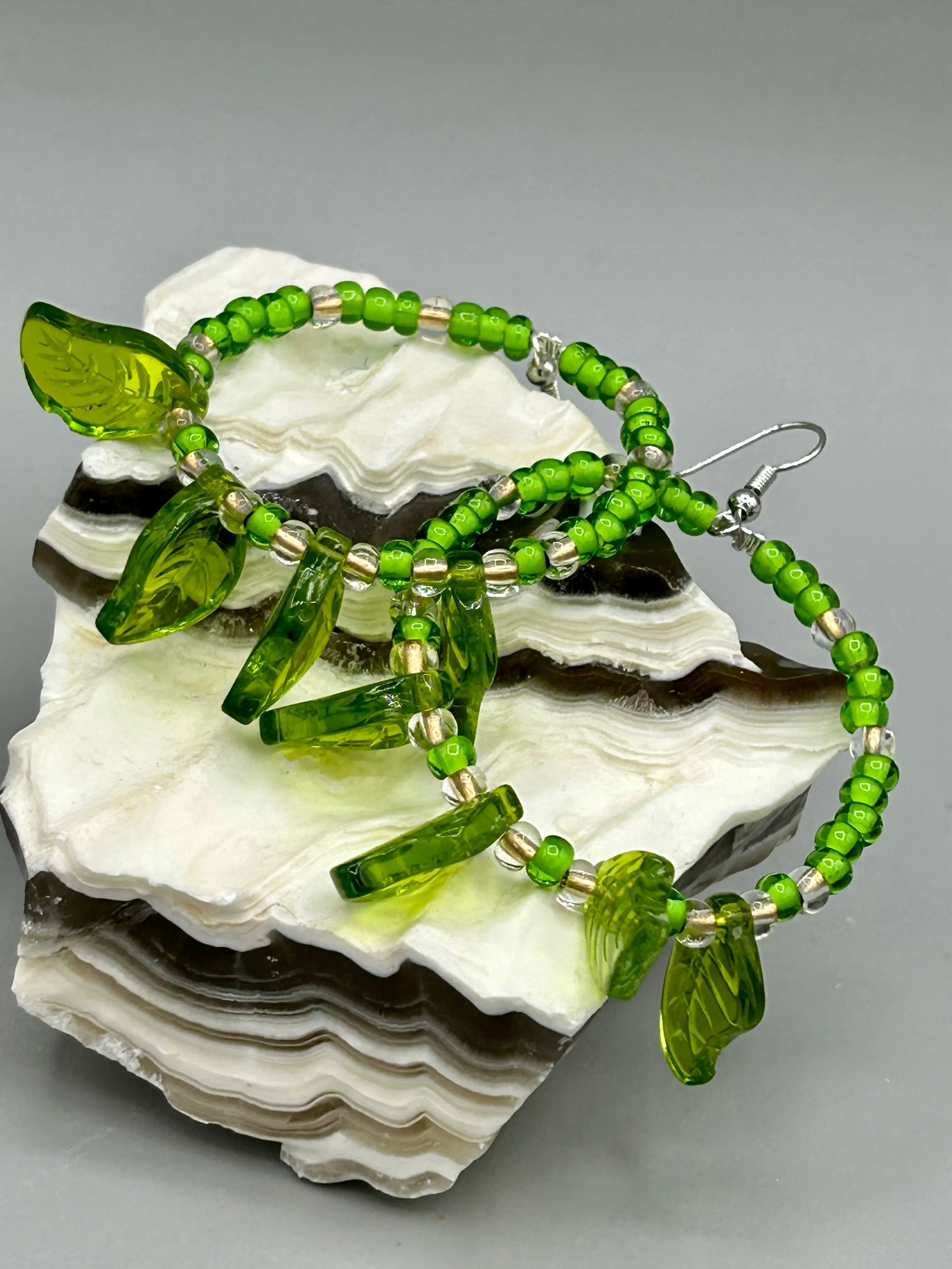 Light Green Glass Leaf Beaded Earrings, Nature Inspired, Summer Jewelry, Hippie Vibes