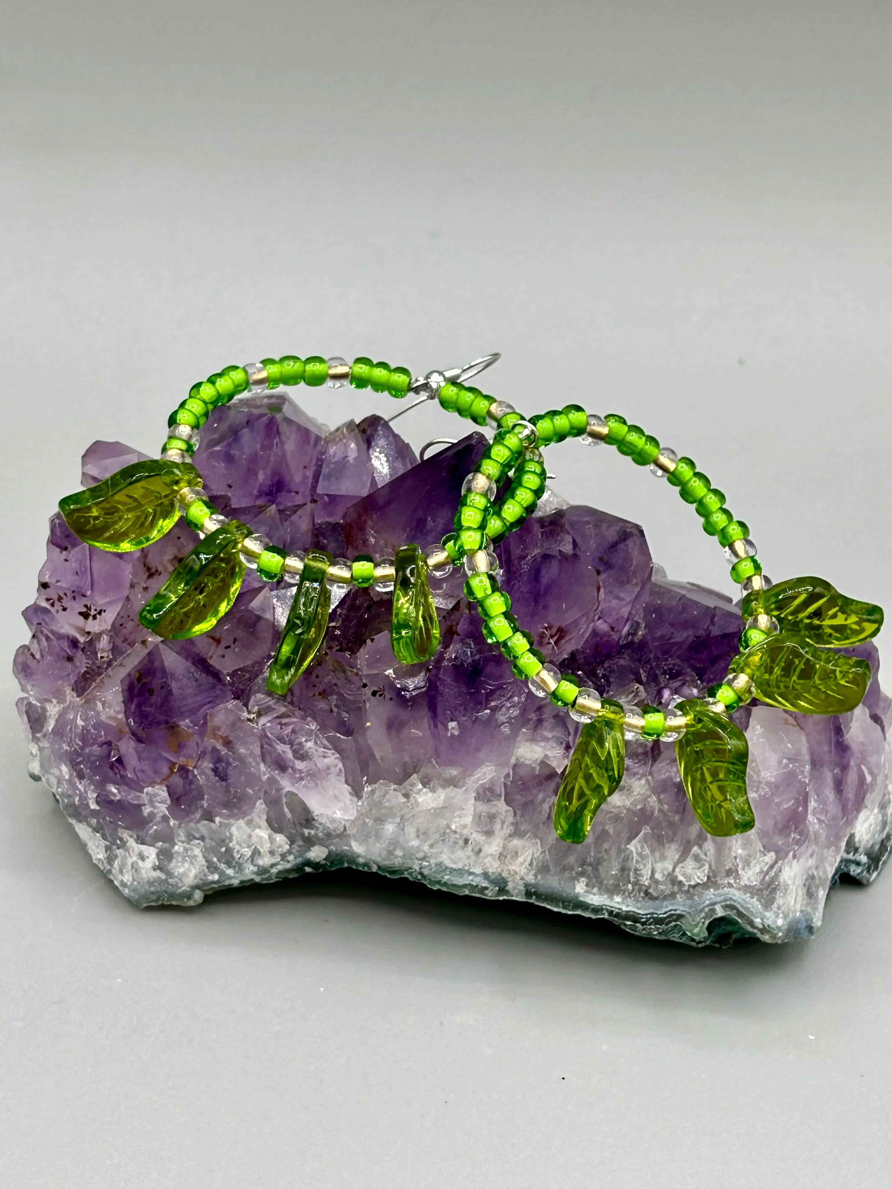 Light Green Glass Leaf Beaded Earrings, Nature Inspired, Summer Jewelry, Hippie Vibes