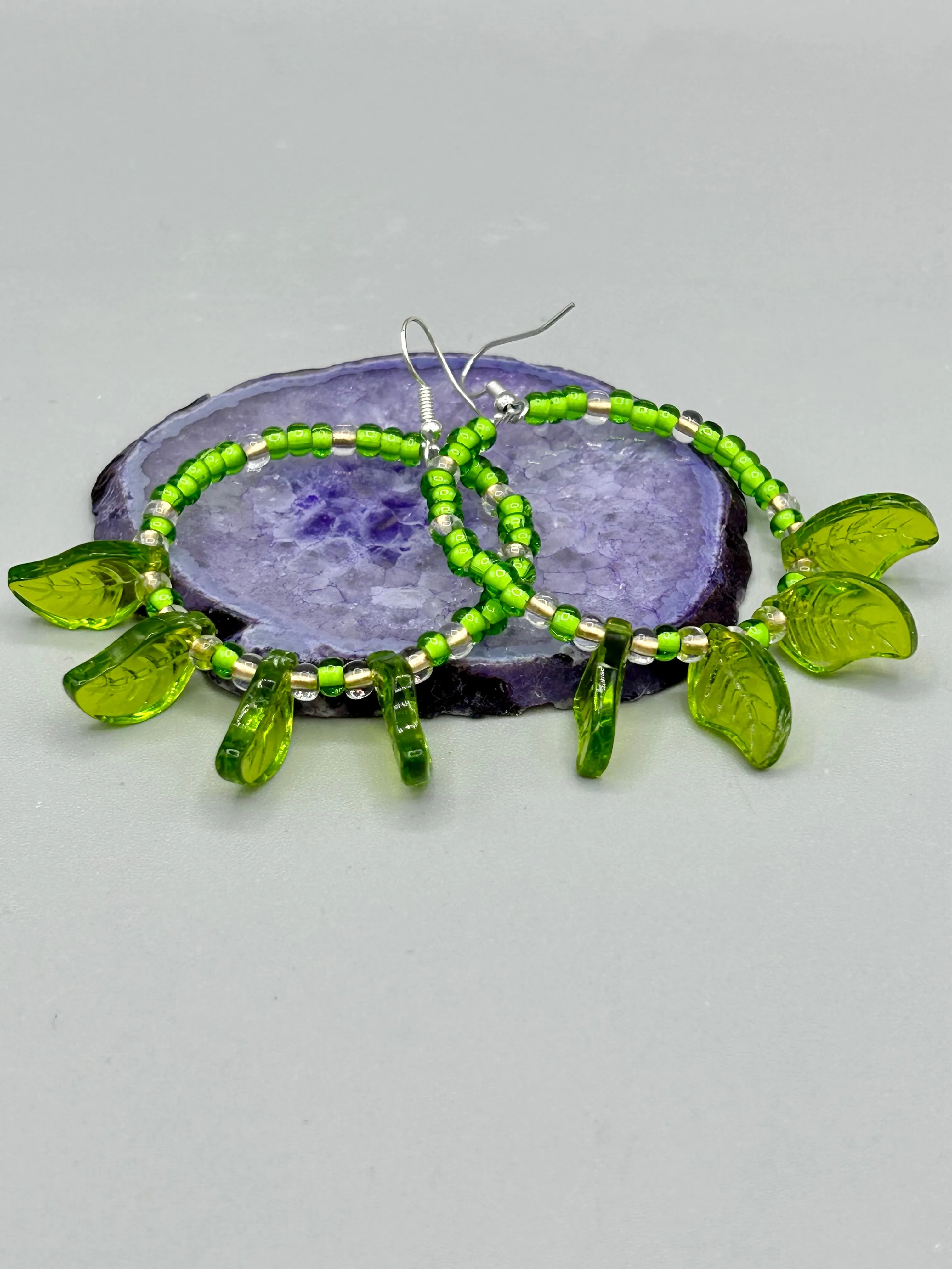Light Green Glass Leaf Beaded Earrings, Nature Inspired, Summer Jewelry, Hippie Vibes