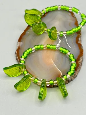 Light Green Glass Leaf Beaded Earrings, Nature Inspired, Summer Jewelry, Hippie Vibes