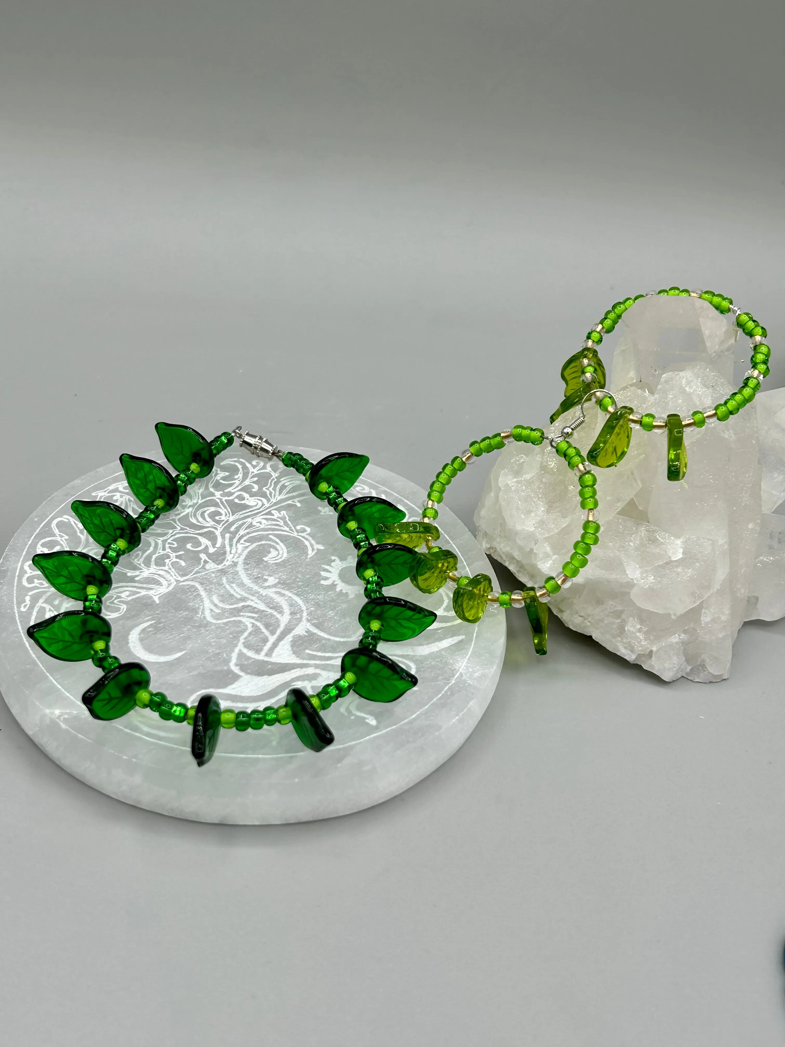 Light Green Glass Leaf Beaded Earrings, Nature Inspired, Summer Jewelry, Hippie Vibes