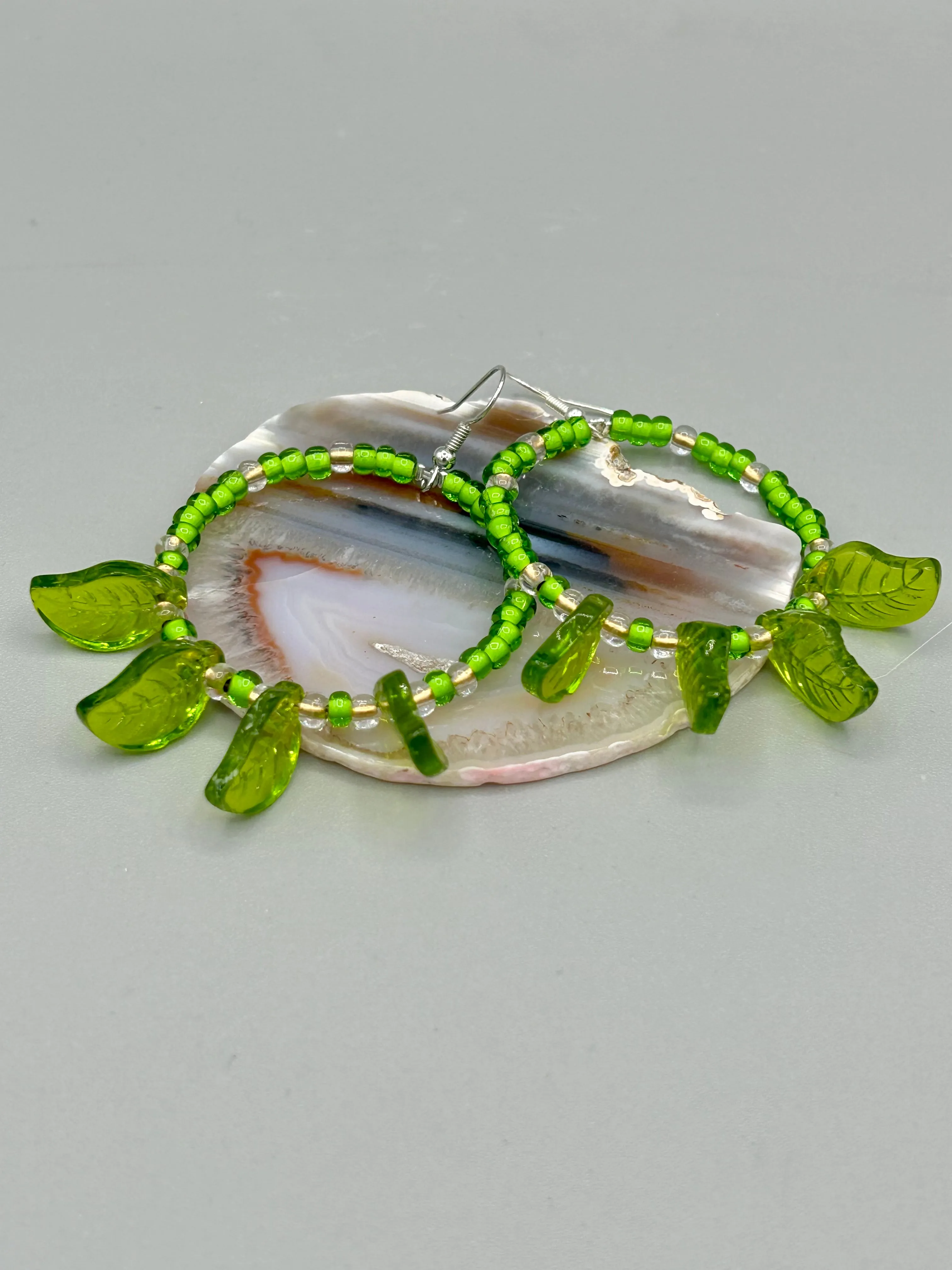 Light Green Glass Leaf Beaded Earrings, Nature Inspired, Summer Jewelry, Hippie Vibes