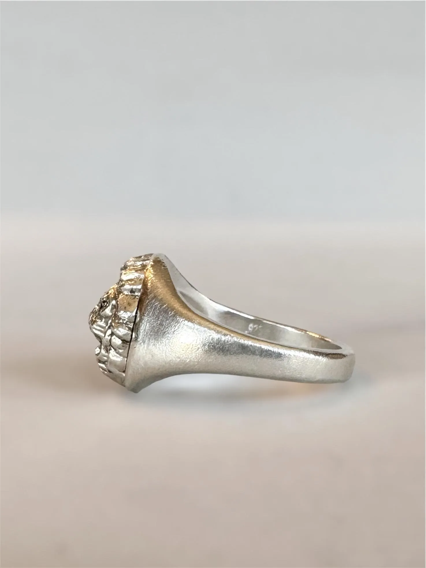 Lion Signet Ring with Black Diamond Eyes, sterling silver