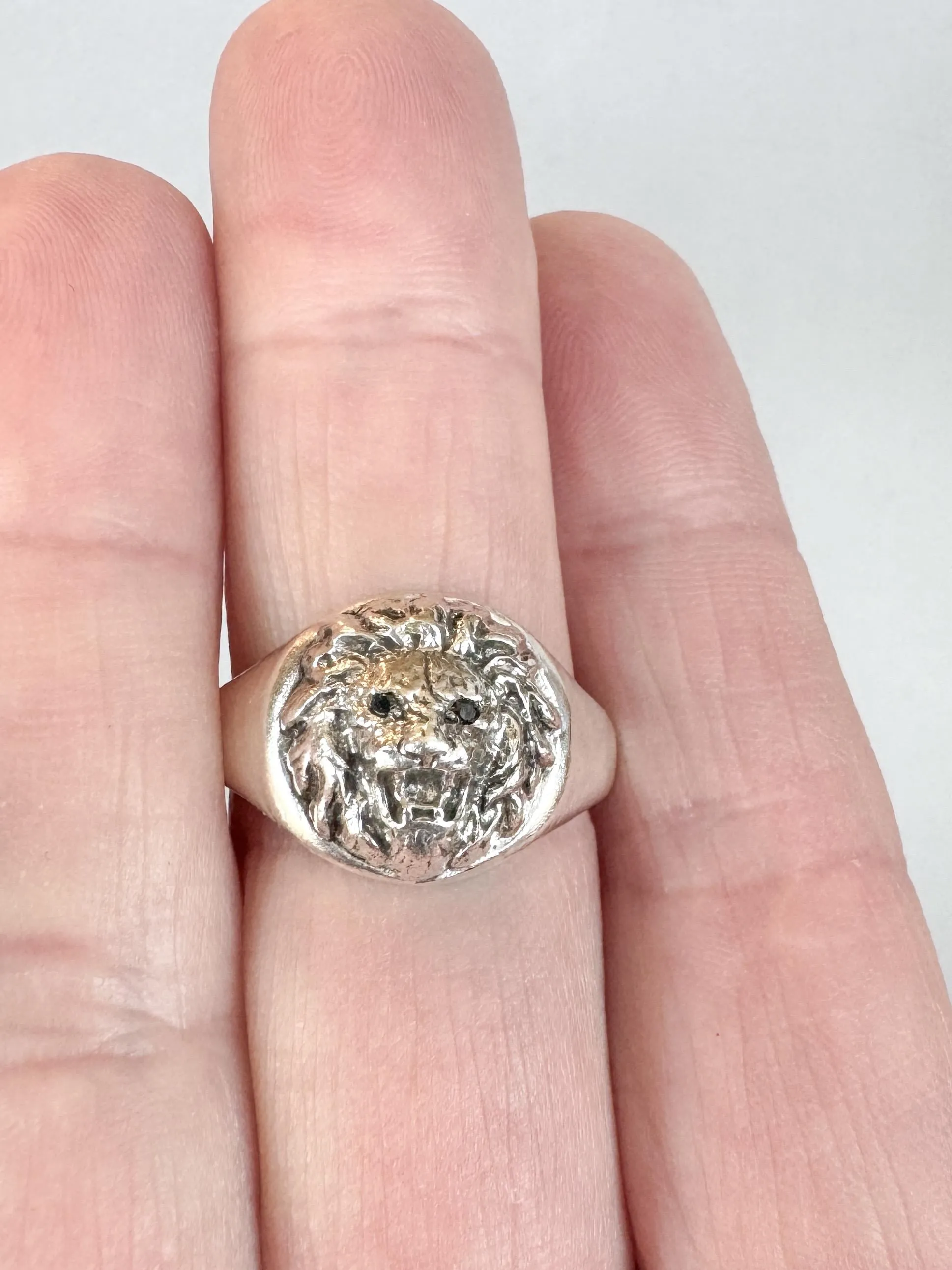 Lion Signet Ring with Black Diamond Eyes, sterling silver