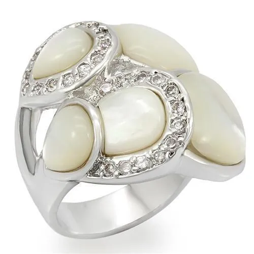 LO1044 Rhodium Brass Ring with Precious Stone in White