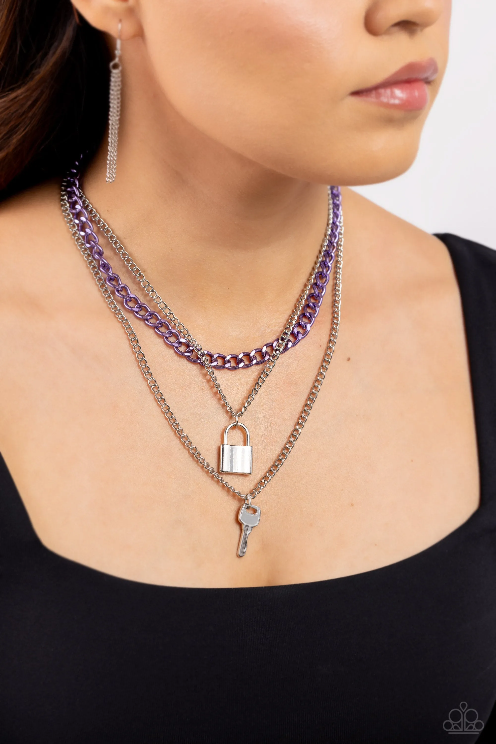 Locked Labor - Purple - Lock and Key Tiered Chain Paparazzi Short Necklace