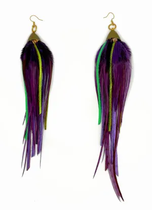 Long Bohemian Feather & Leather Earrings - Lilac Nights