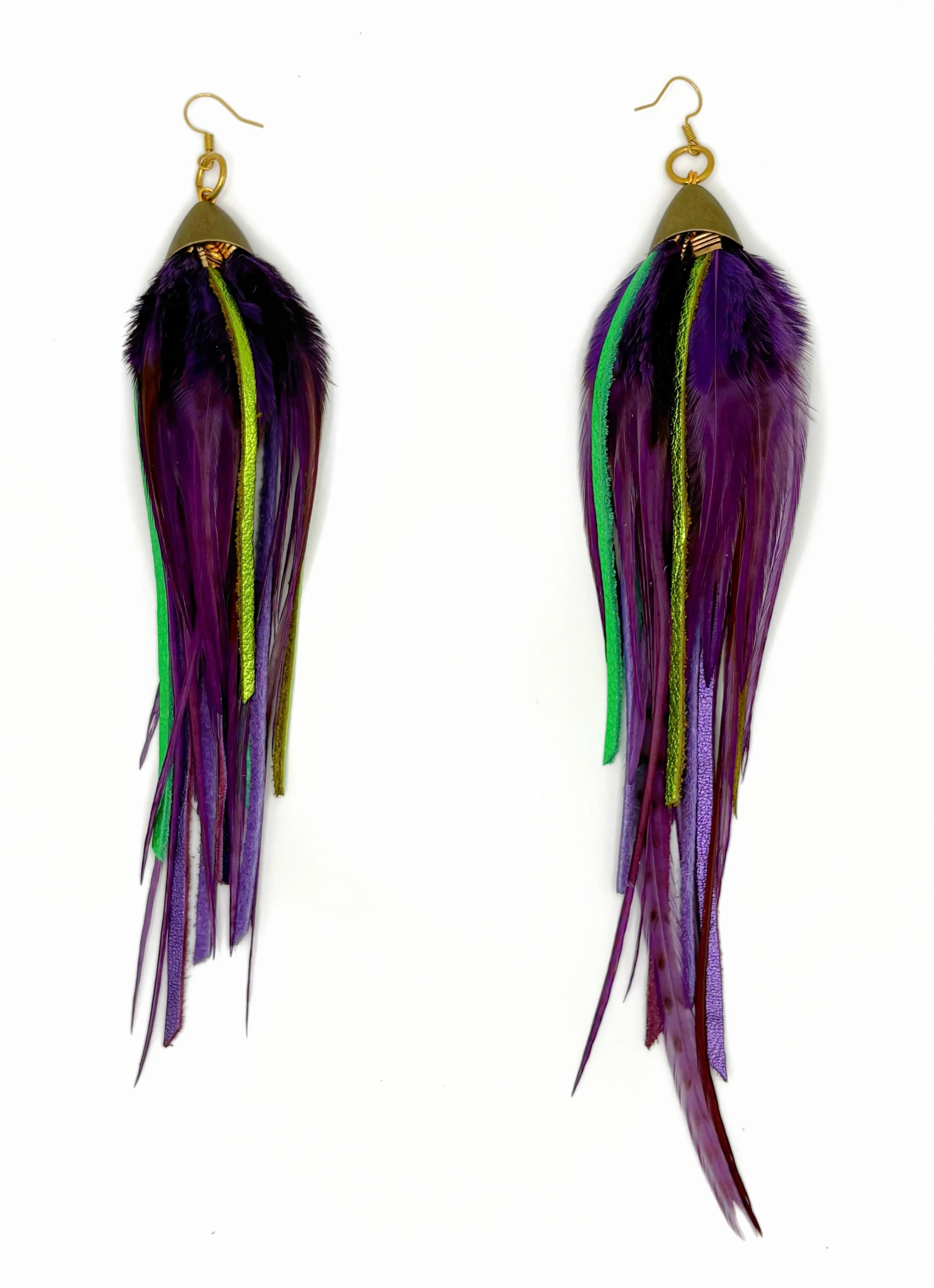 Long Bohemian Feather & Leather Earrings - Lilac Nights