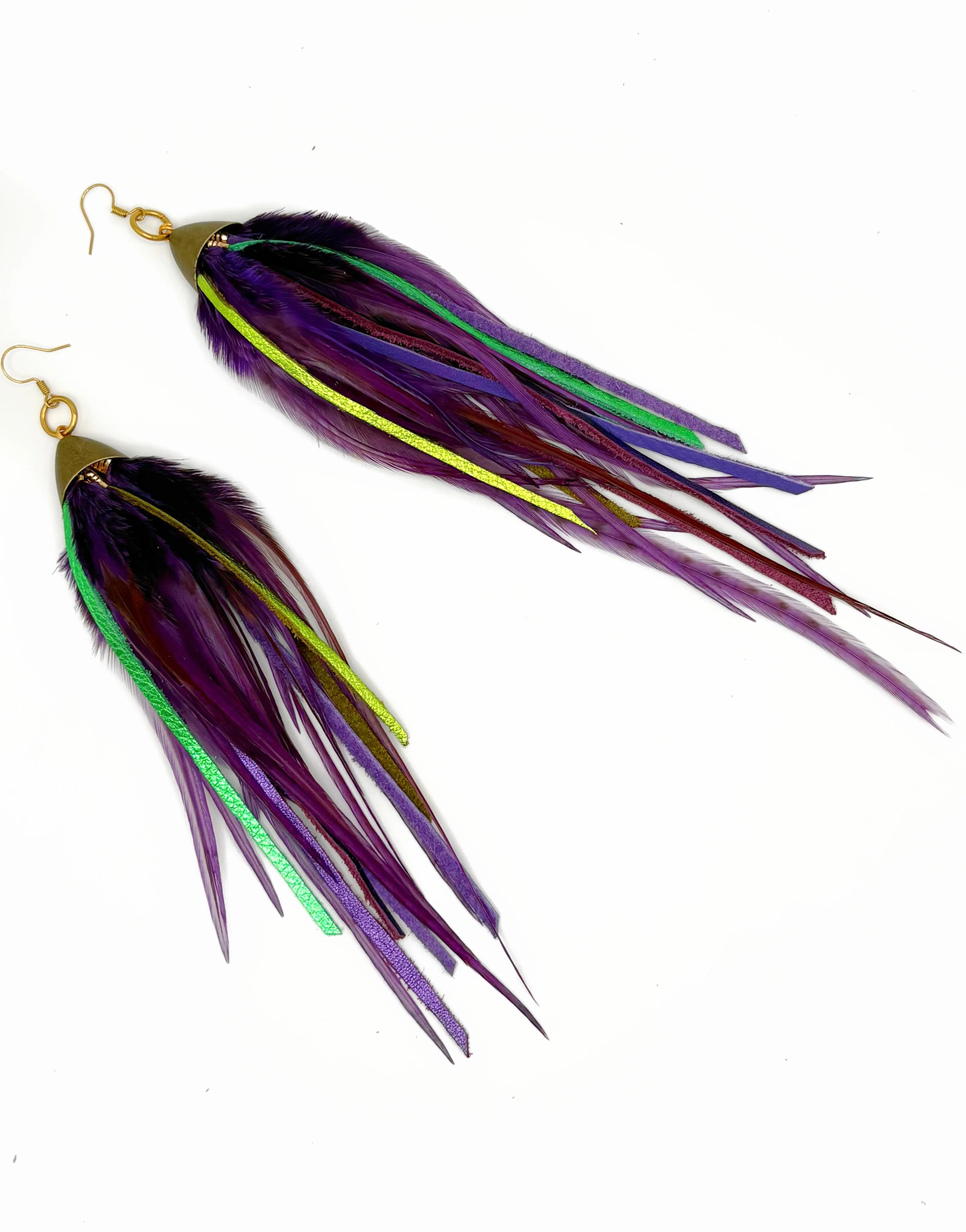 Long Bohemian Feather & Leather Earrings - Lilac Nights