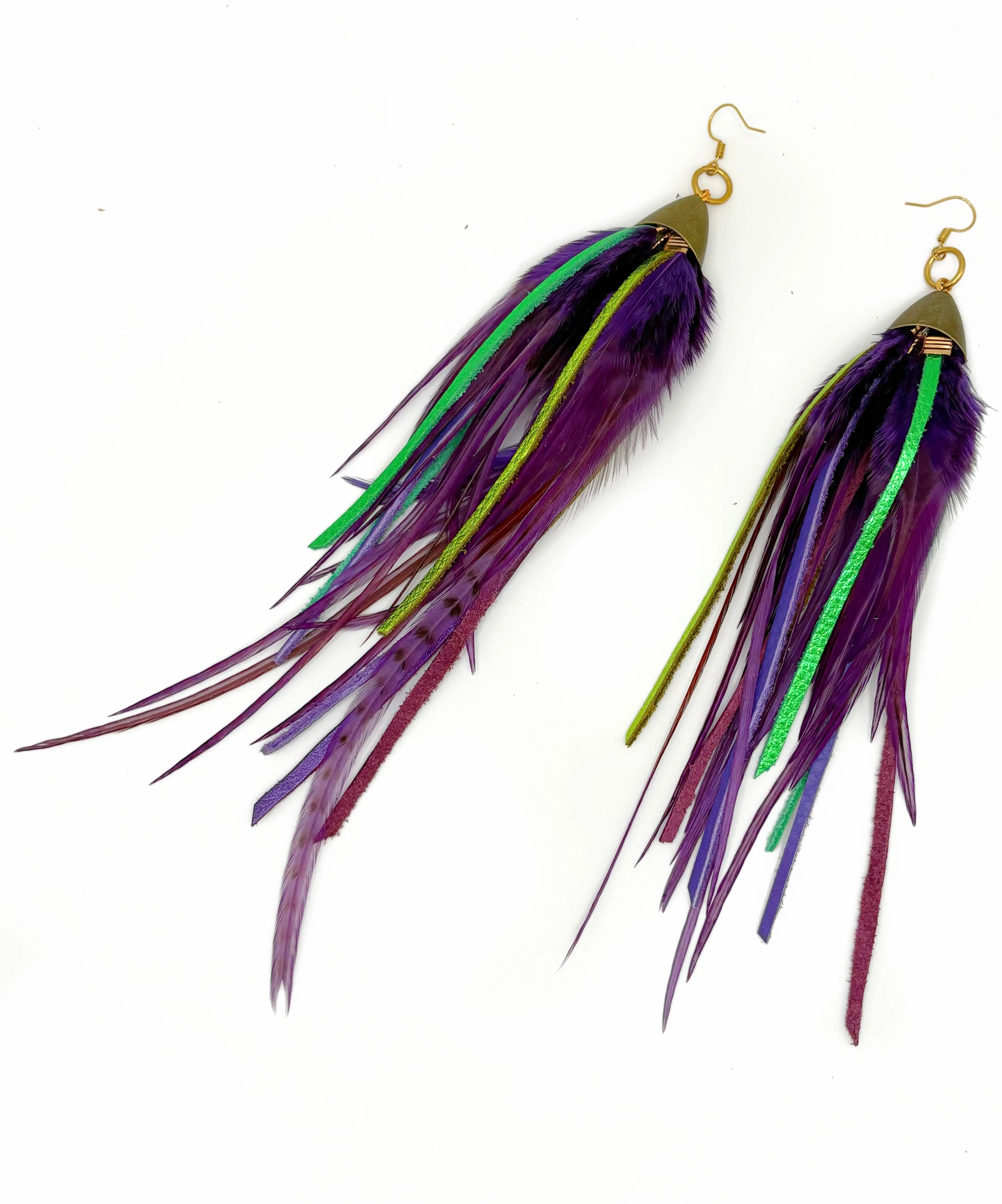 Long Bohemian Feather & Leather Earrings - Lilac Nights