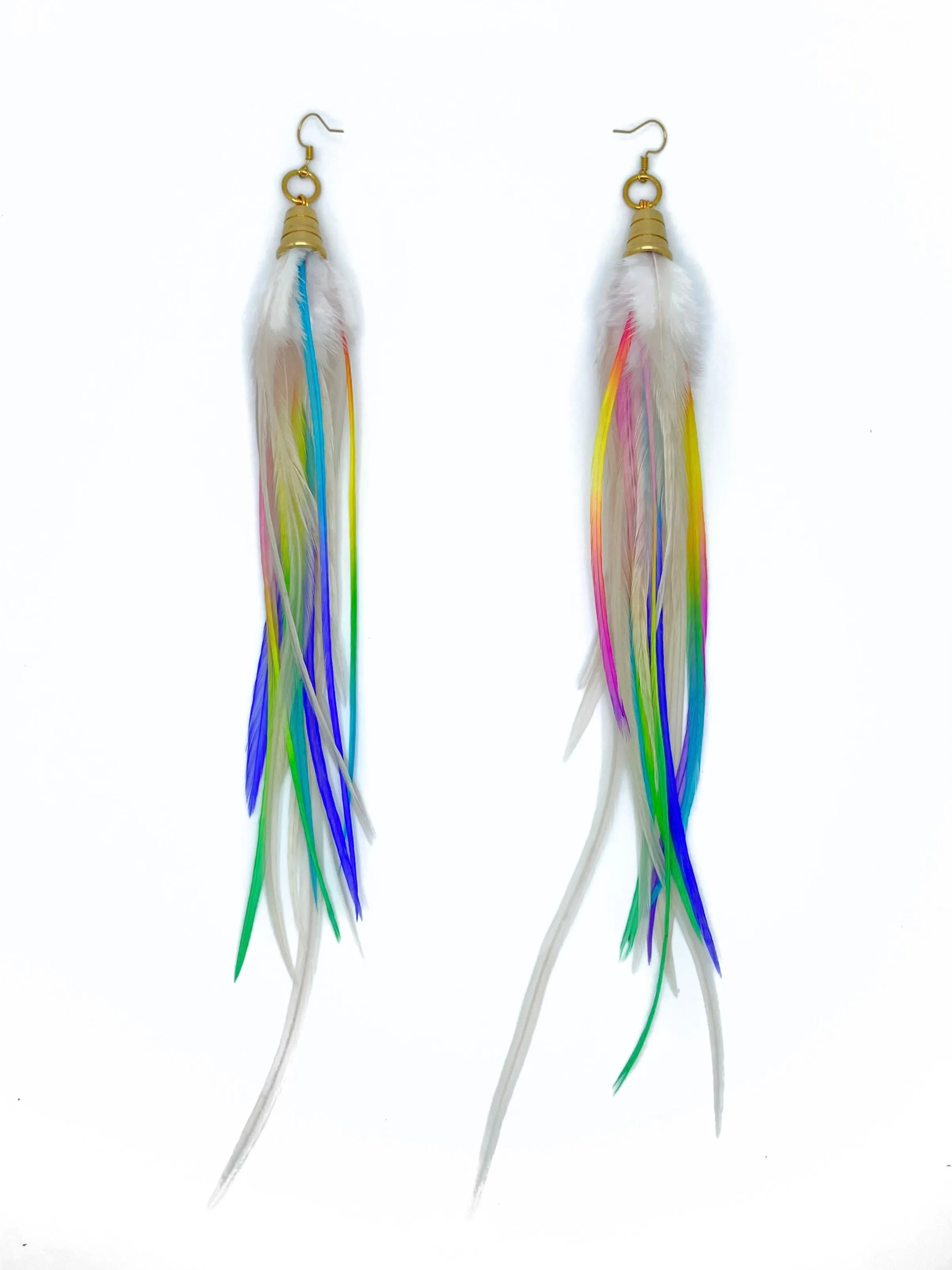 Long Bohemian Feather Earrings - Neon Rainbow Clouds