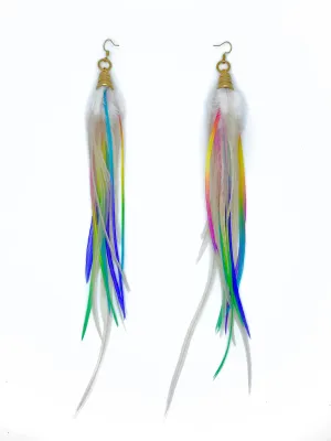 Long Bohemian Feather Earrings - Neon Rainbow Clouds