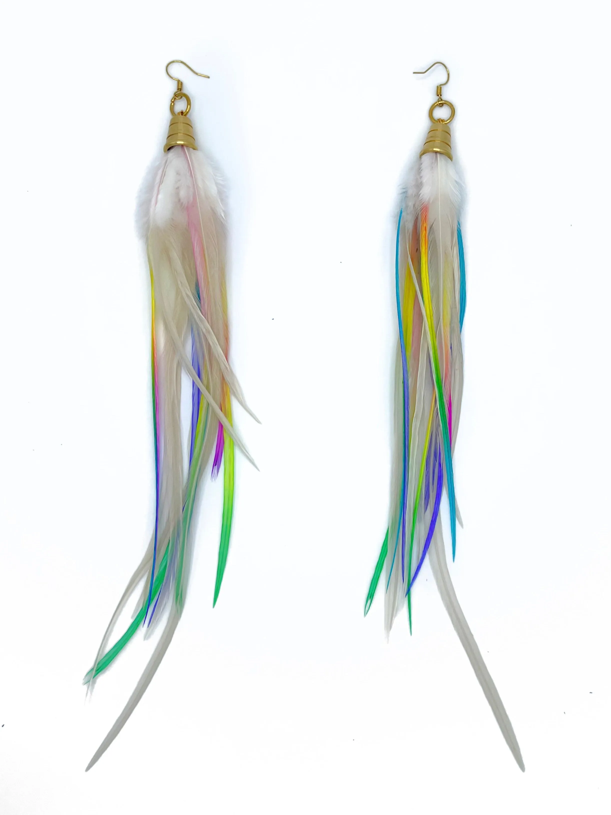 Long Bohemian Feather Earrings - Neon Rainbow Clouds
