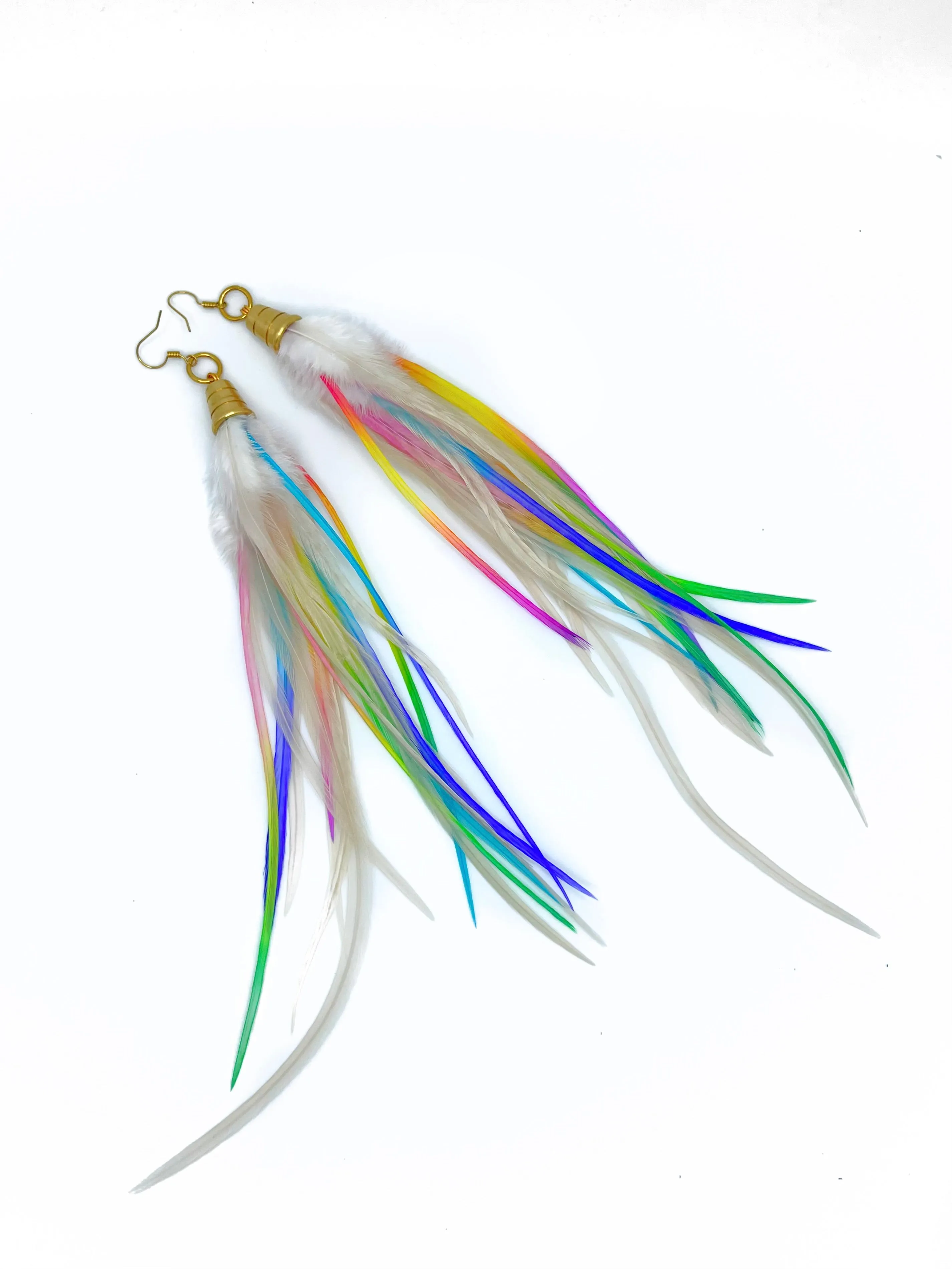 Long Bohemian Feather Earrings - Neon Rainbow Clouds