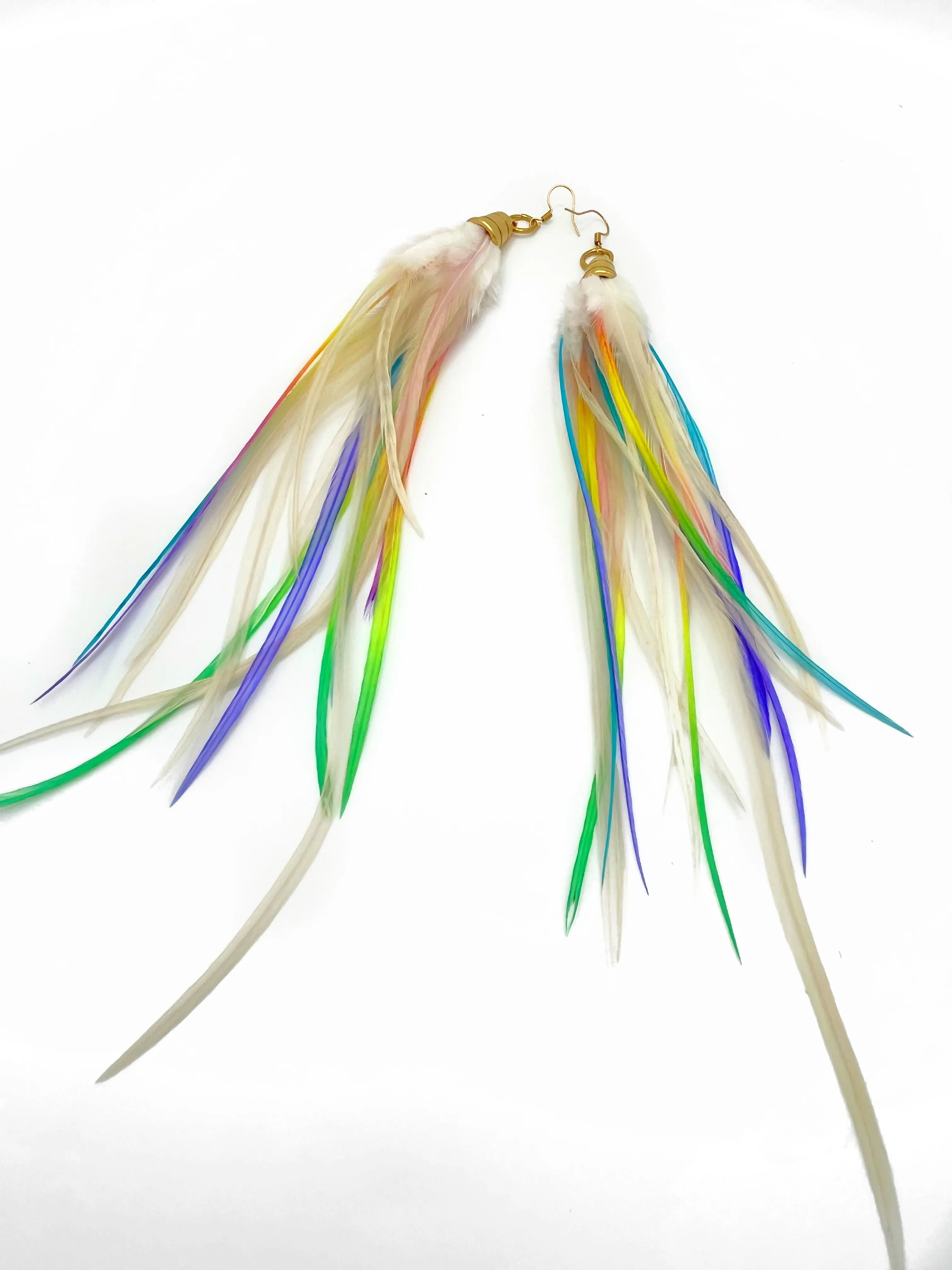 Long Bohemian Feather Earrings - Neon Rainbow Clouds