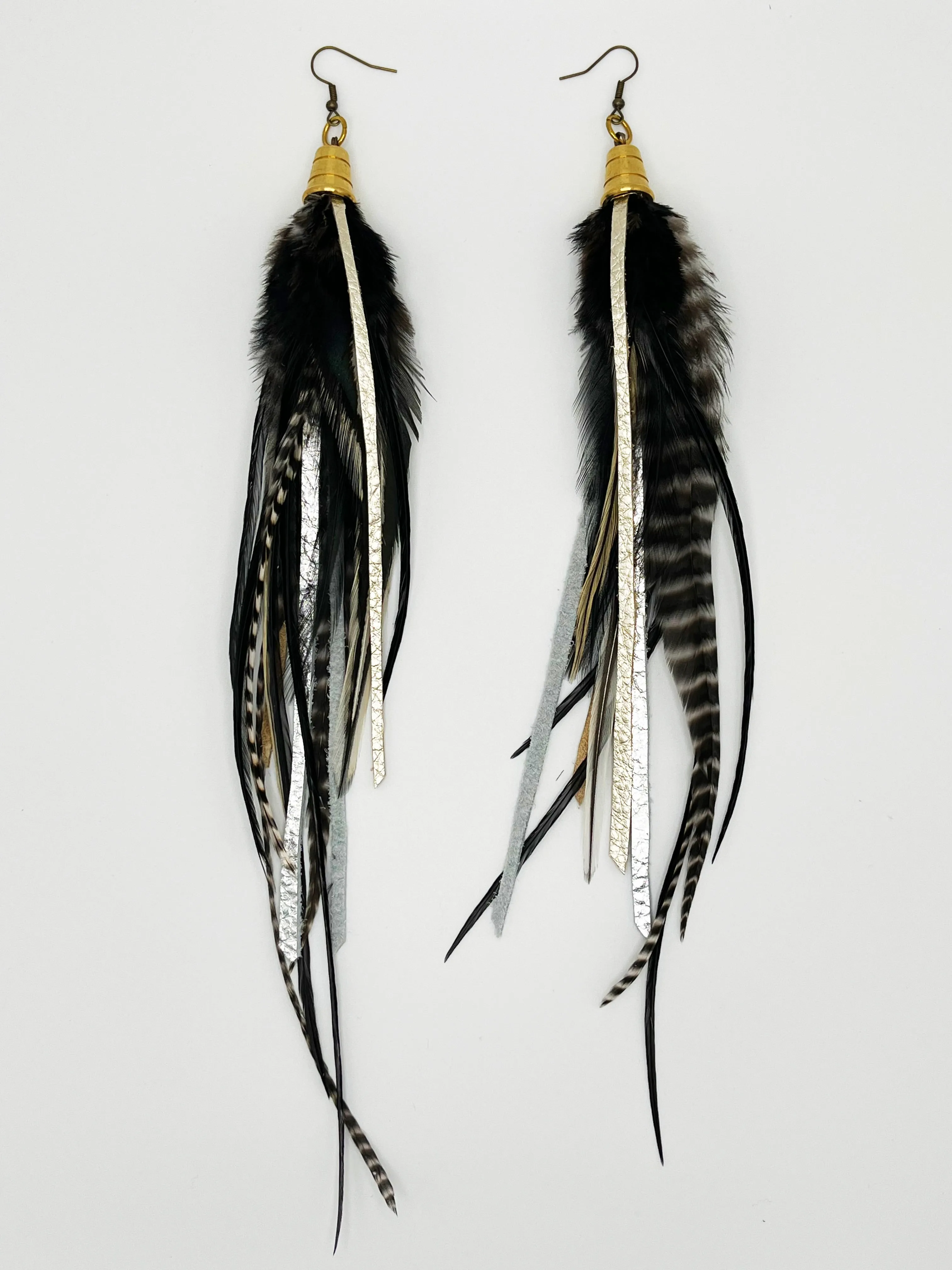 Long Feather & Leather Earrings with Bronze Pendant - Midnight Metallic