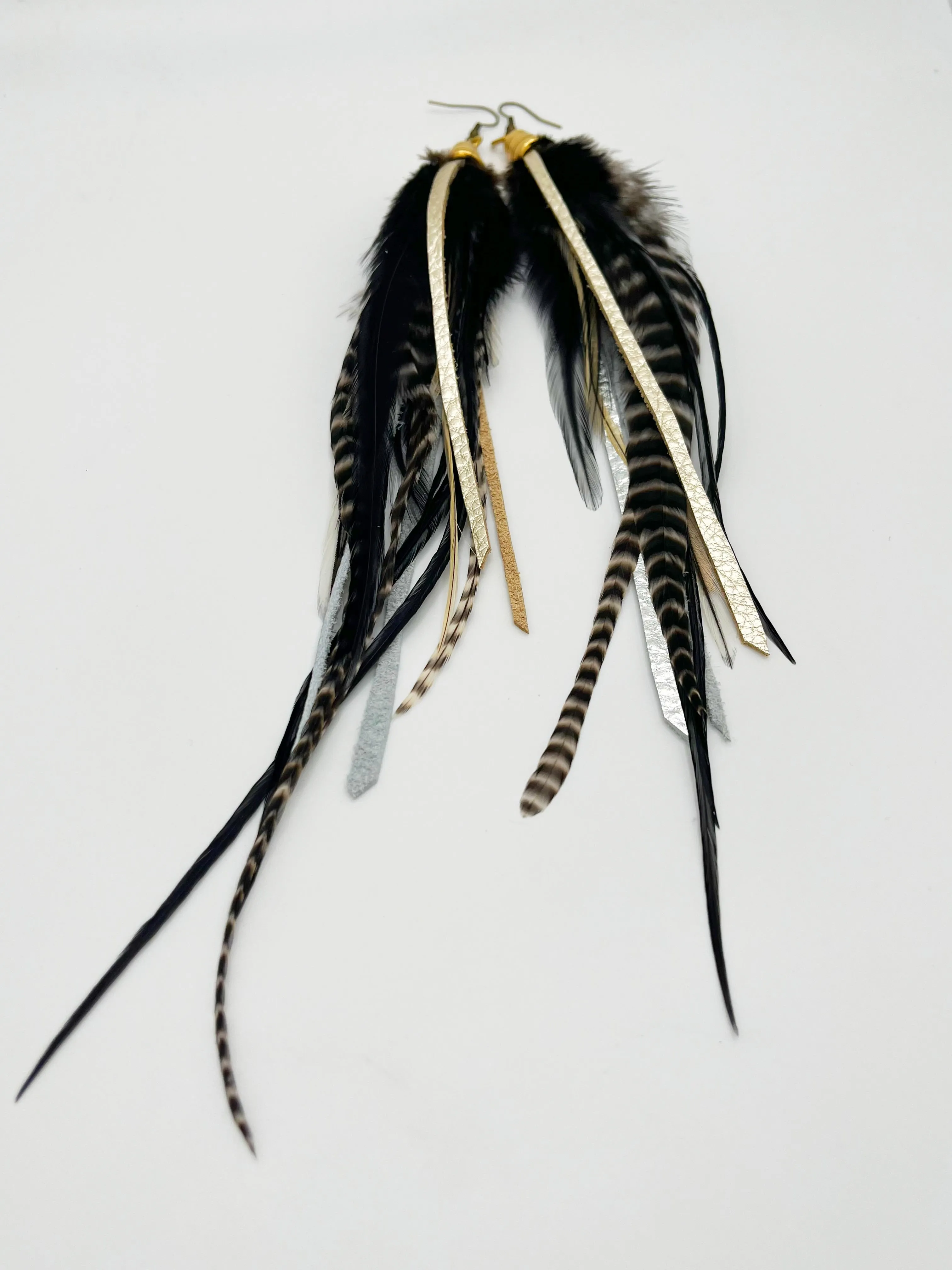 Long Feather & Leather Earrings with Bronze Pendant - Midnight Metallic