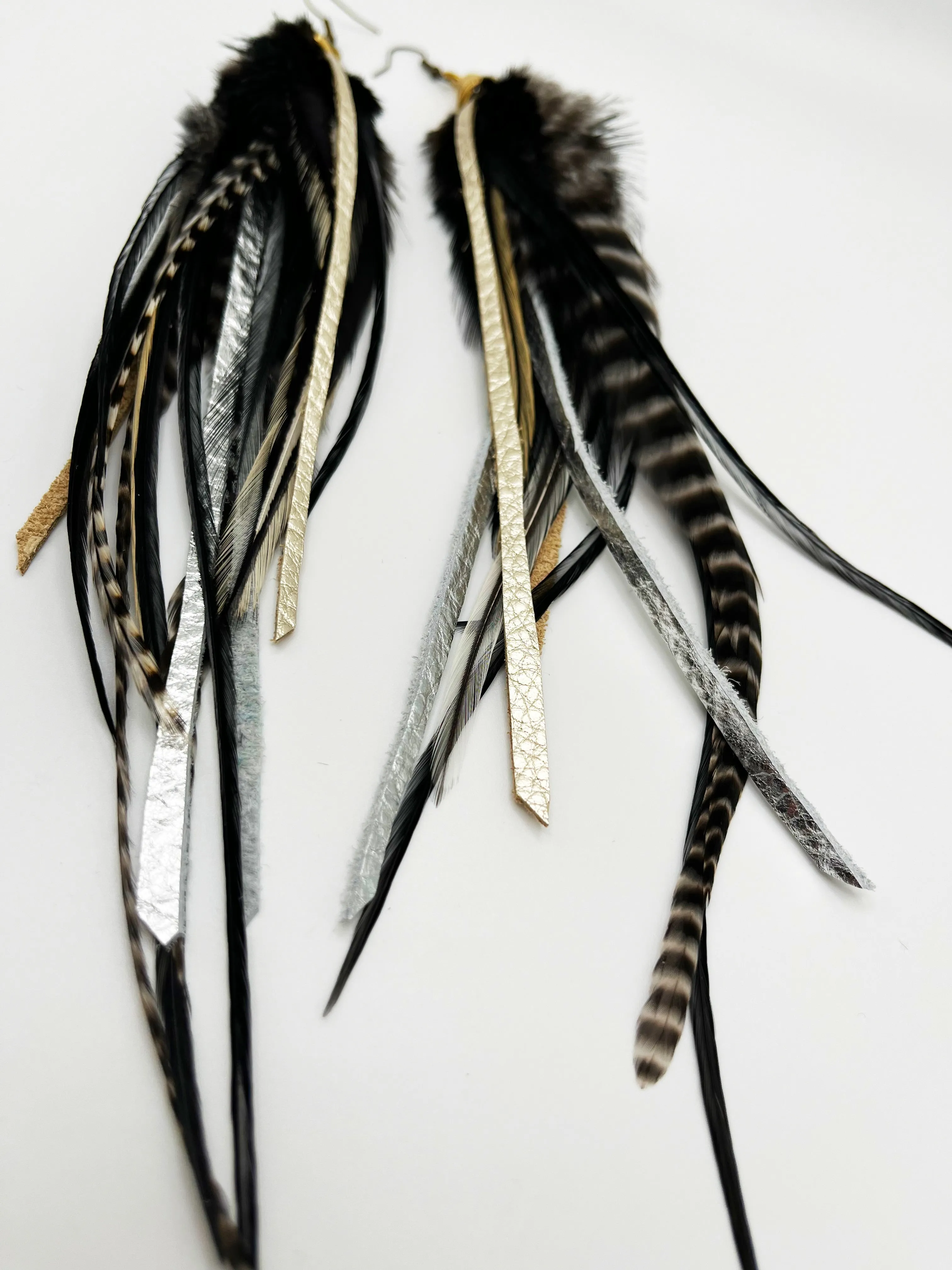 Long Feather & Leather Earrings with Bronze Pendant - Midnight Metallic