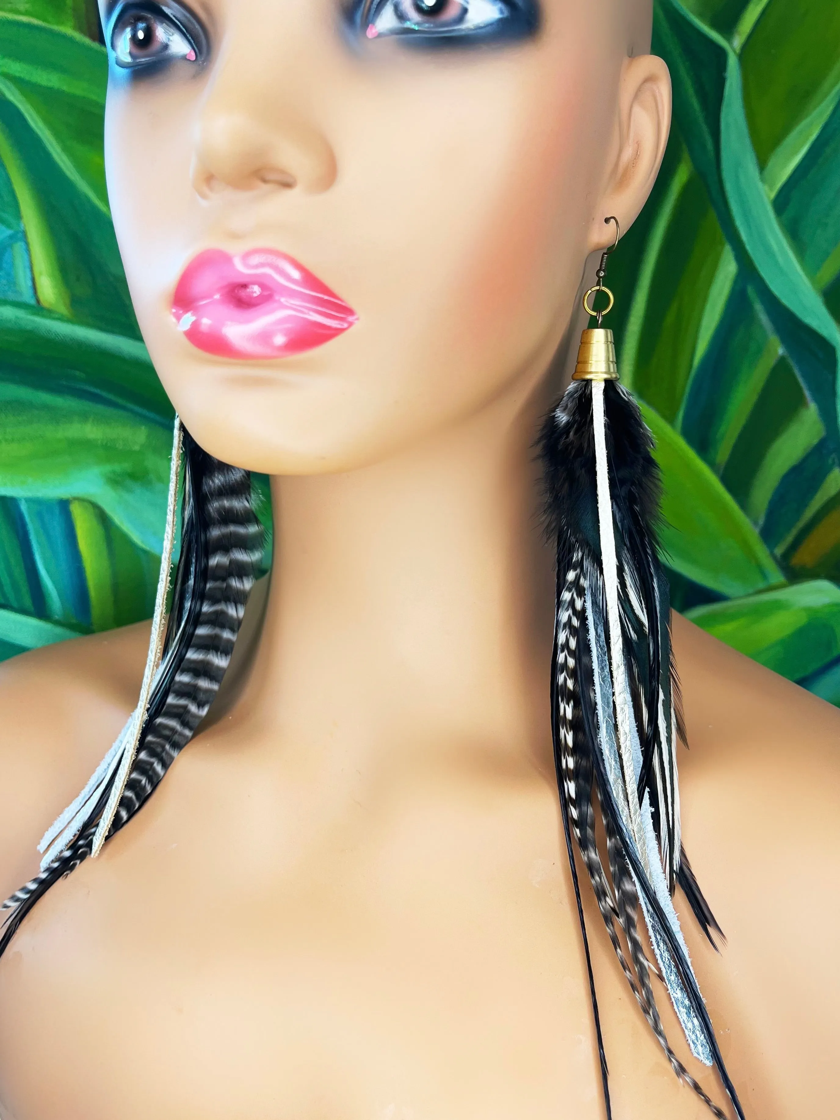 Long Feather & Leather Earrings with Bronze Pendant - Midnight Metallic