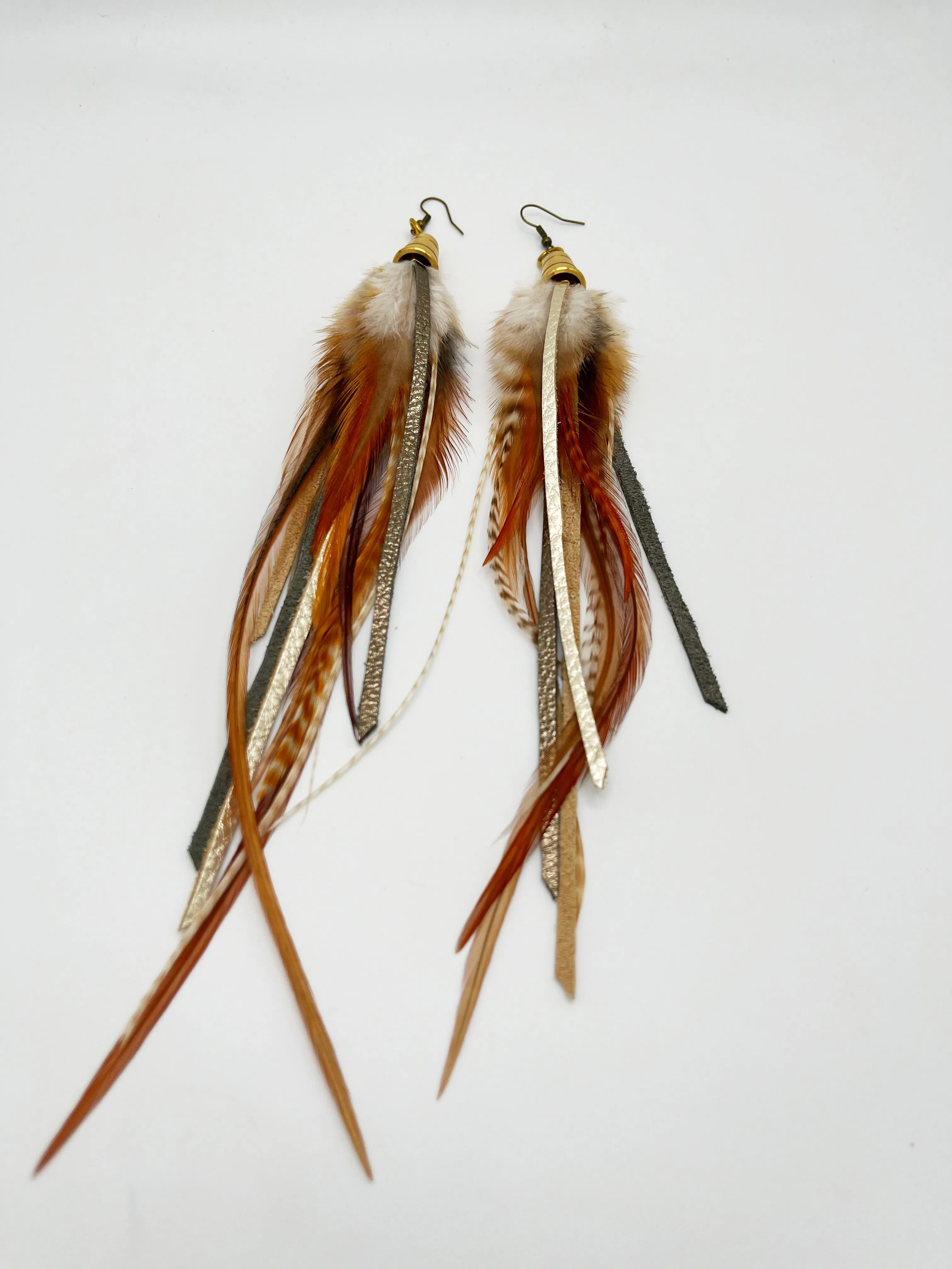 Long Feather & Leather Earrings with Bronze Pendant - Pixie Dust