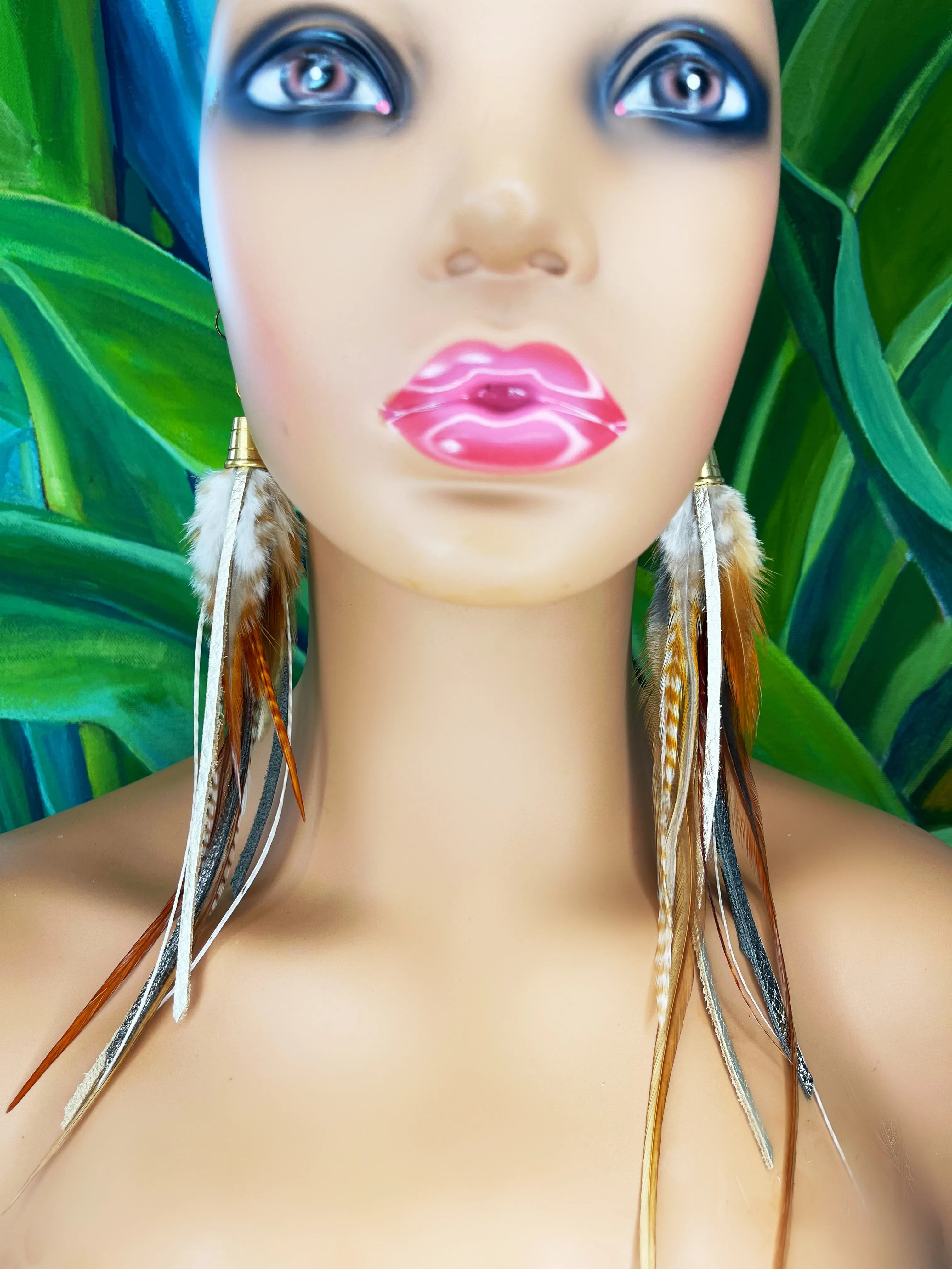 Long Feather & Leather Earrings with Bronze Pendant - Pixie Dust