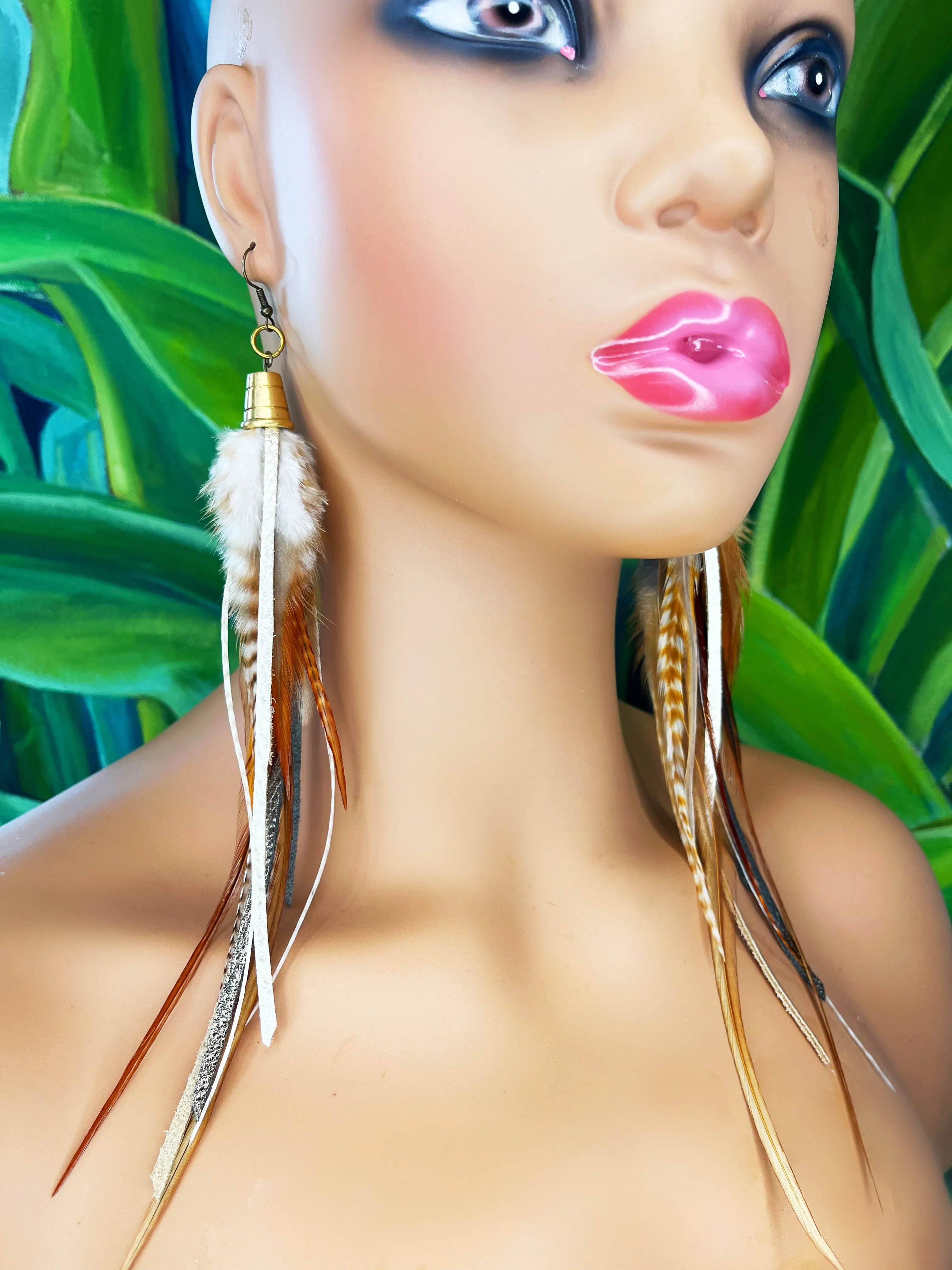 Long Feather & Leather Earrings with Bronze Pendant - Pixie Dust
