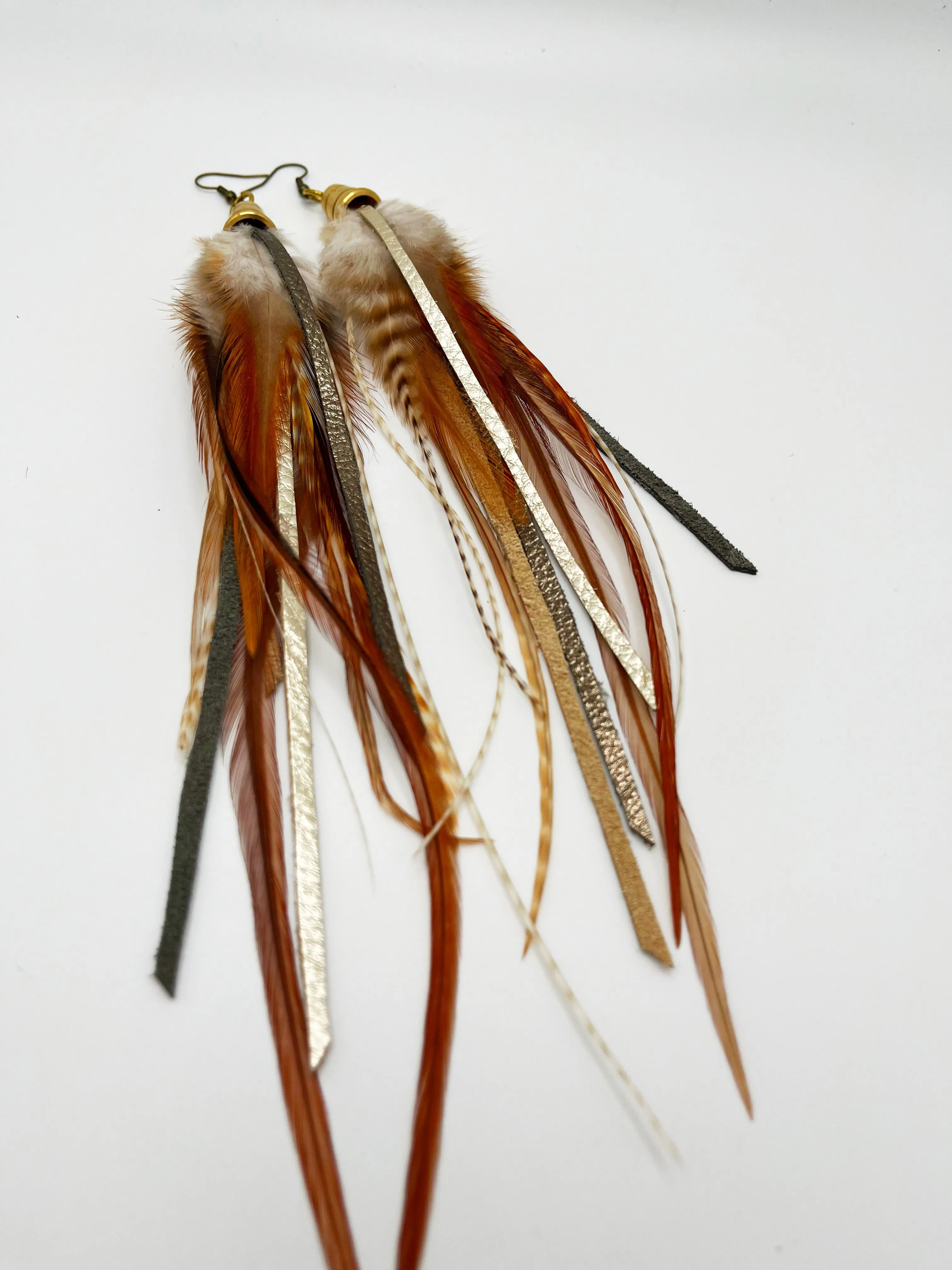 Long Feather & Leather Earrings with Bronze Pendant - Pixie Dust