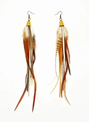 Long Feather & Leather Earrings with Bronze Pendant - Pixie Dust