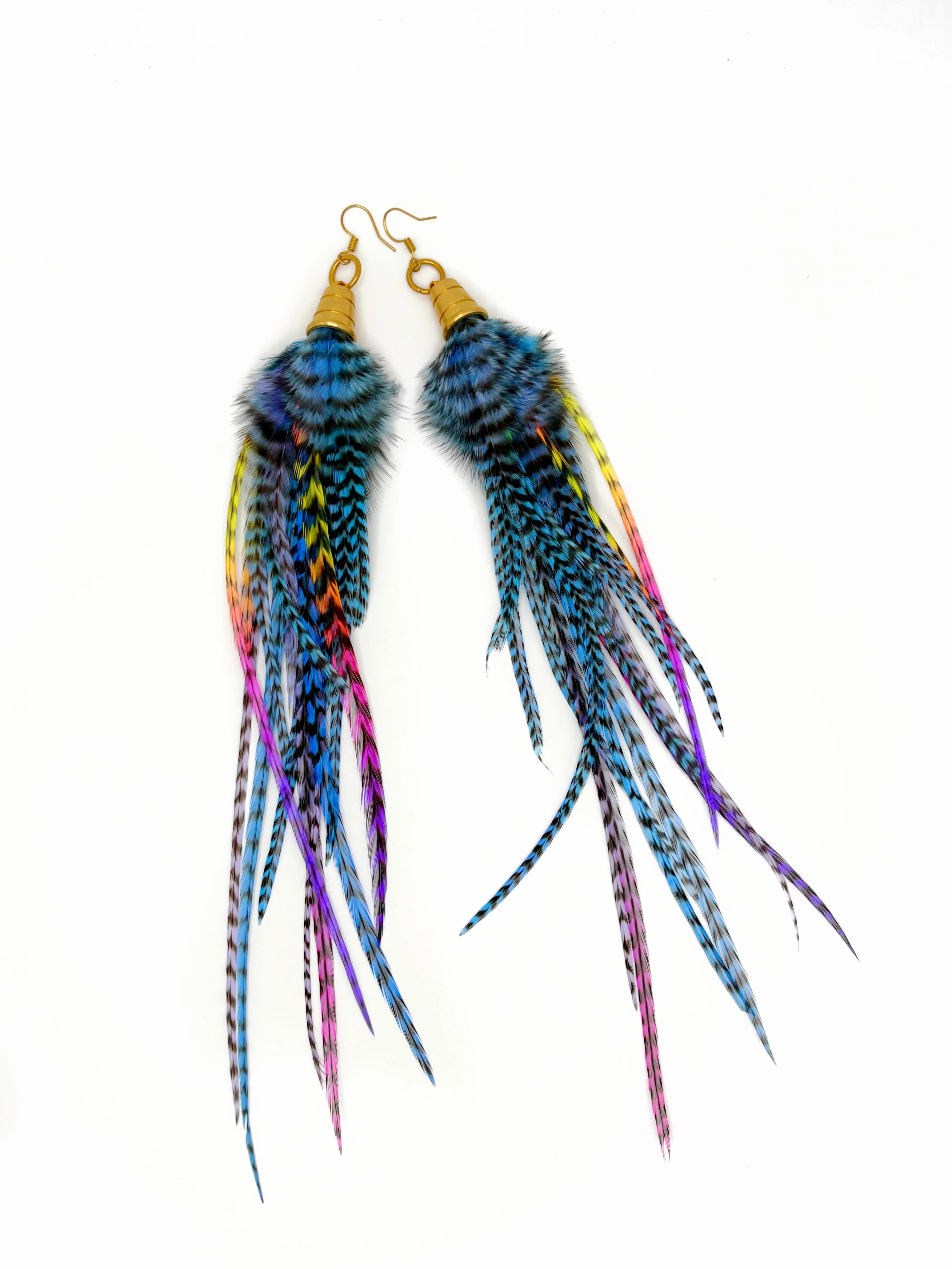 Long Feather Earrings - Blue Grizzly