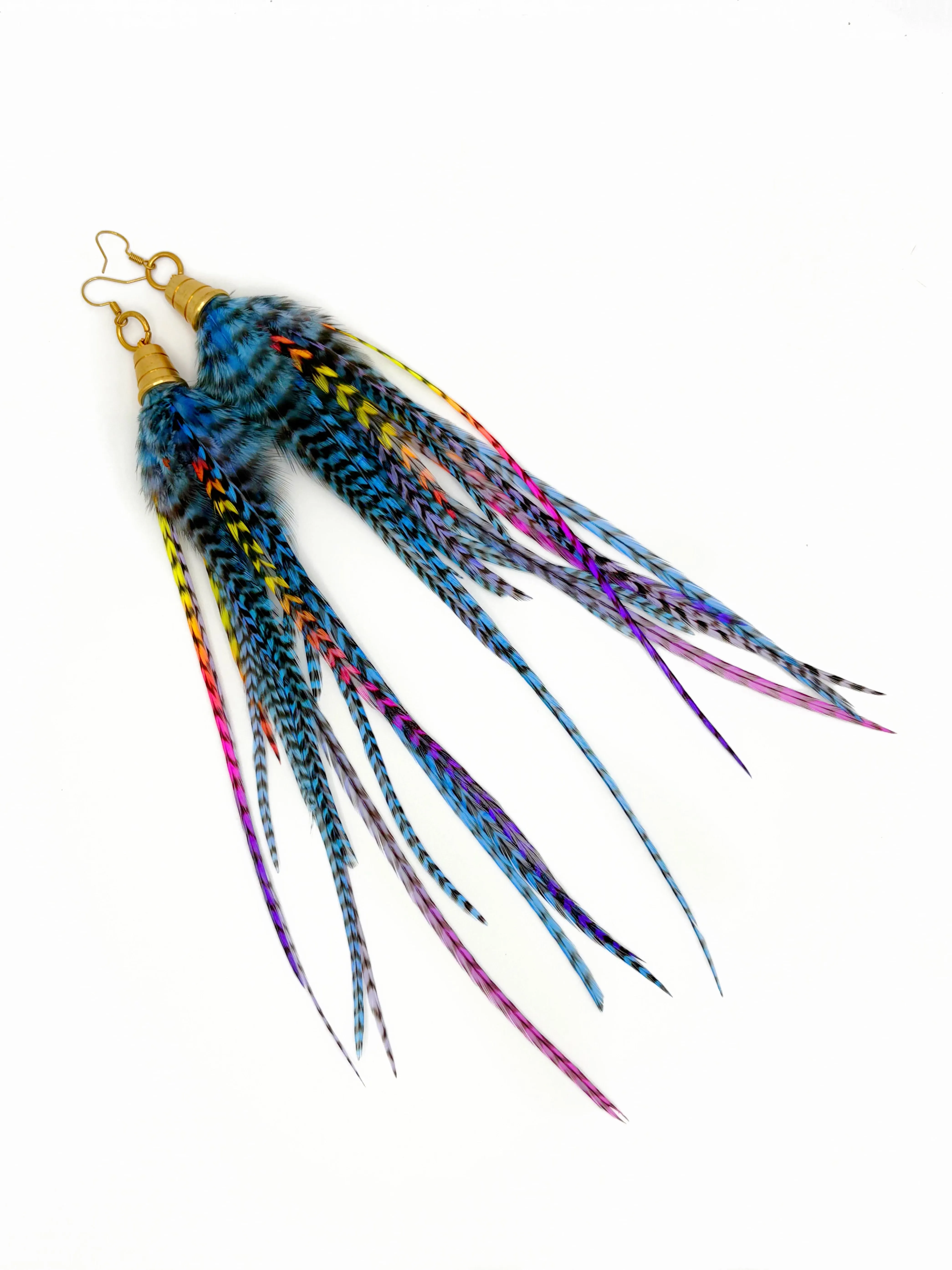 Long Feather Earrings - Blue Grizzly